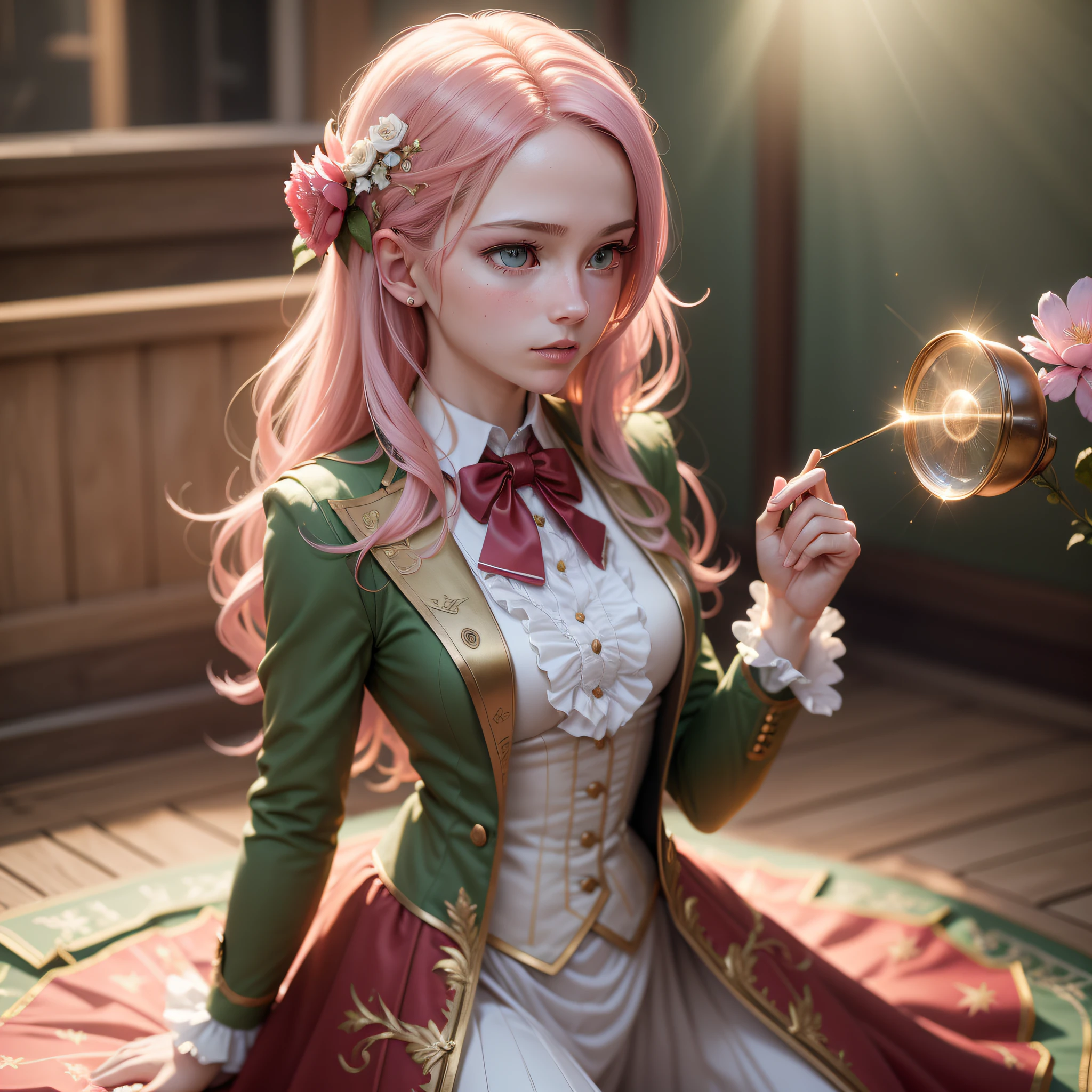 Make a magician cute woman from the 1700s. Realistic. She have a pink straight hair, pink eyes, fairy look in the eyes, wearing red and gold tailoring, red suit and tie, Formal clothes. Student. College studdent. She is delicate, graceful and careful. She is in a green camp, appreciating a flower. (Realistic), (Hyper realistic), (Best Quality), (Highly Detailed), (Motion Blur), (Chromatic Aberration), (Glowing Light), (God Rays), (Ray Tracing), (Reflection Light), (backlighting), (bloom), (close-up), (Sony FE), (dynamic angle: 1.2 ), (background detailed), (dinamic pose), (Full Body Shot: 1), (Sony FE GM), (UHD), (16k, high quality), (super detail), (high details), (Eye-level Shot), (HD), (Dramatic), (graceful), (delicate), (careful), (adult), (very thin) (((Canadian: 1.0)))