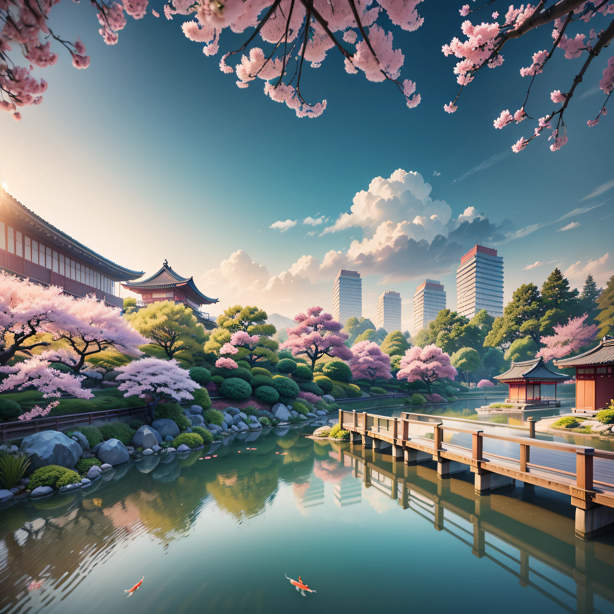 (digital painting),(best quality), serene Japanese garden, cherry blossoms in full bloom, koi pond, footbridge, pagoda, Ukiyo-e art style, Hokusai inspiration, Deviant Art popular, 8k ultra-realistic, pastel color scheme, soft lighting, golden hour, tranquil atmosphere, landscape orientation