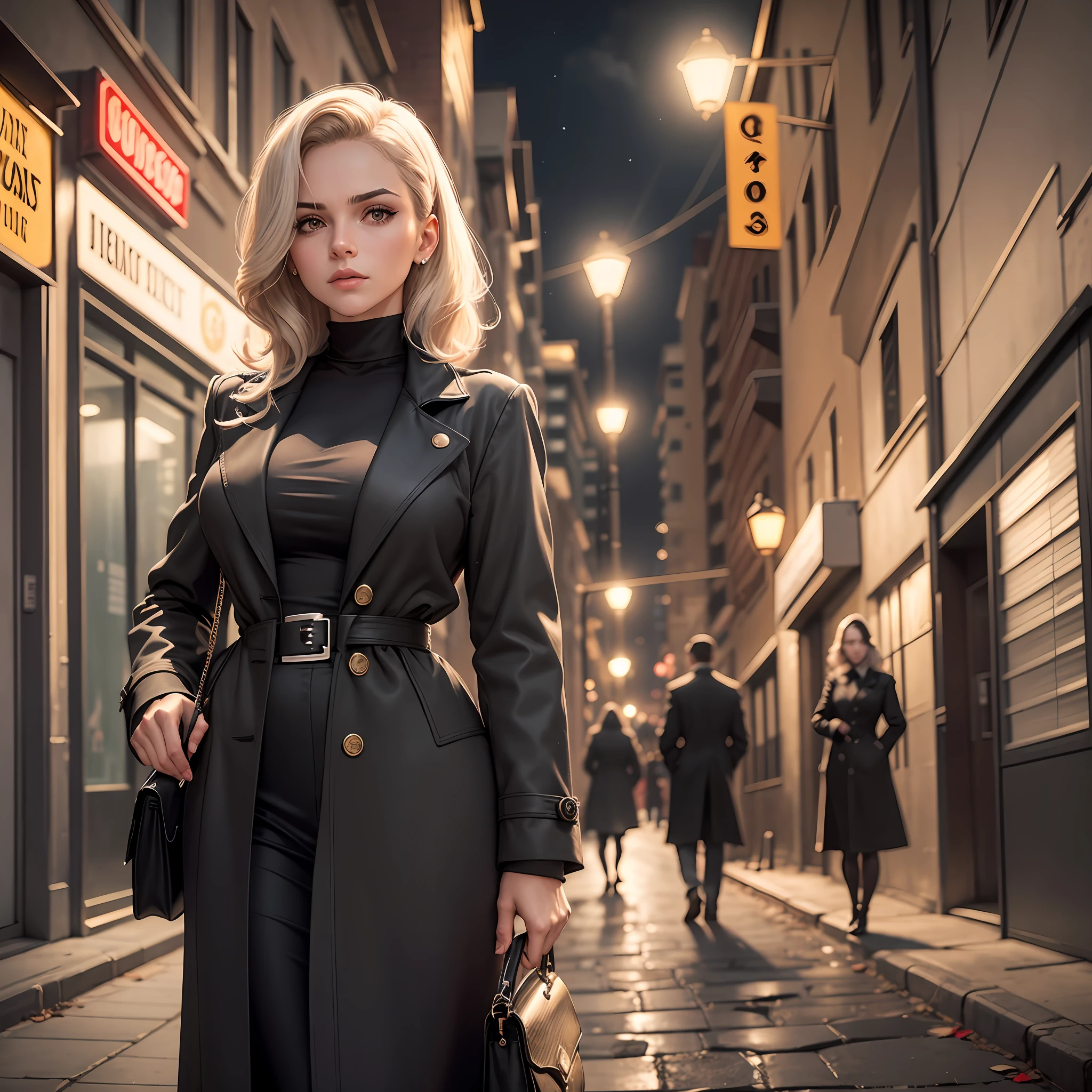 Samantha, a private detective, with a determined look, red hair, shoulder-length hair, suspicious eyes, illuminated only by the light of a streetlamp, while investigating an abandoned crime scene. The silhouette of a murderer is visible in the background, Samantha wears detective clothes, "is wearing a yellow brusa and black tie" and over her clothes a "black overcoat from the 1940s" --auto --s2