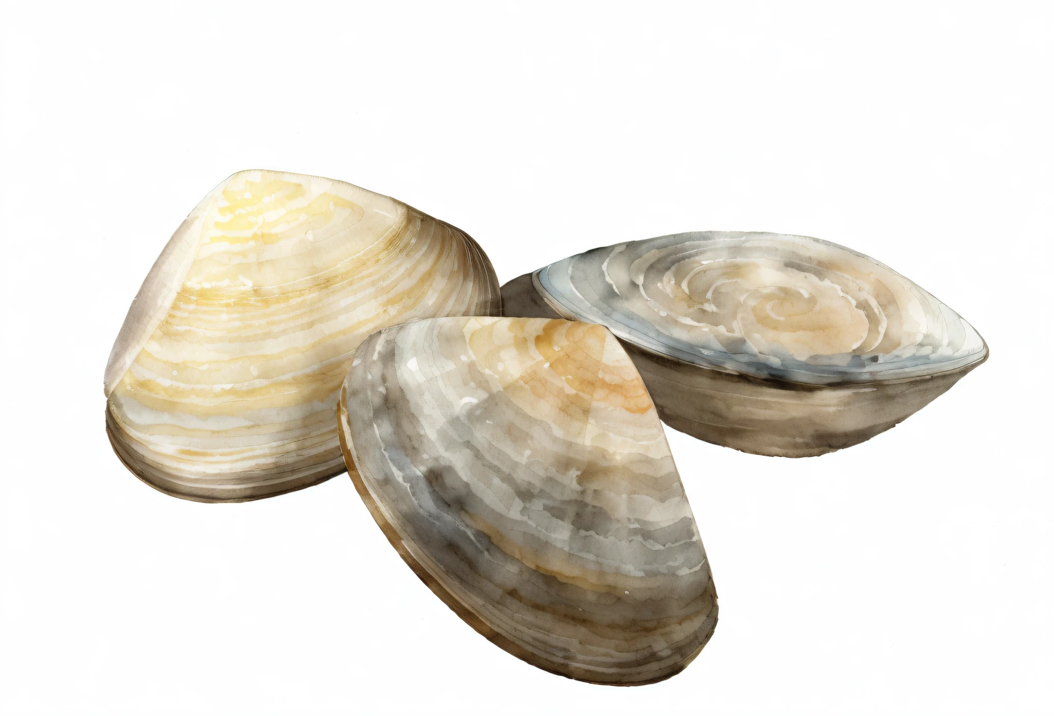 watercolor,clam, watercolor style, wet in wet technique, flat illustration, highly detailed clean, vector image, masterpiece, professional, isometric, bright vector, white background, dry brush, brush stroke, drawn on canvas, by J.M.W. Turner. Expressive markers.