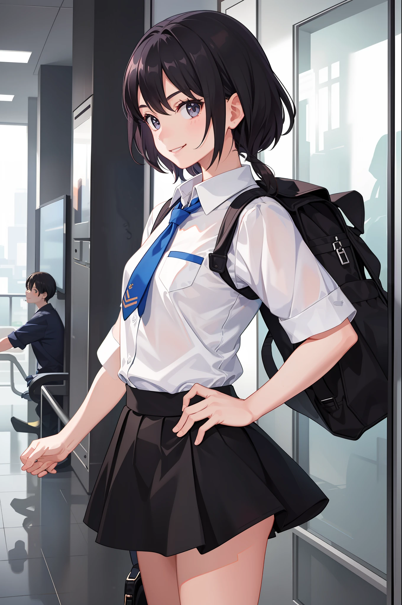 1 girl, smile, shirt, skirt, (small) chiralism,