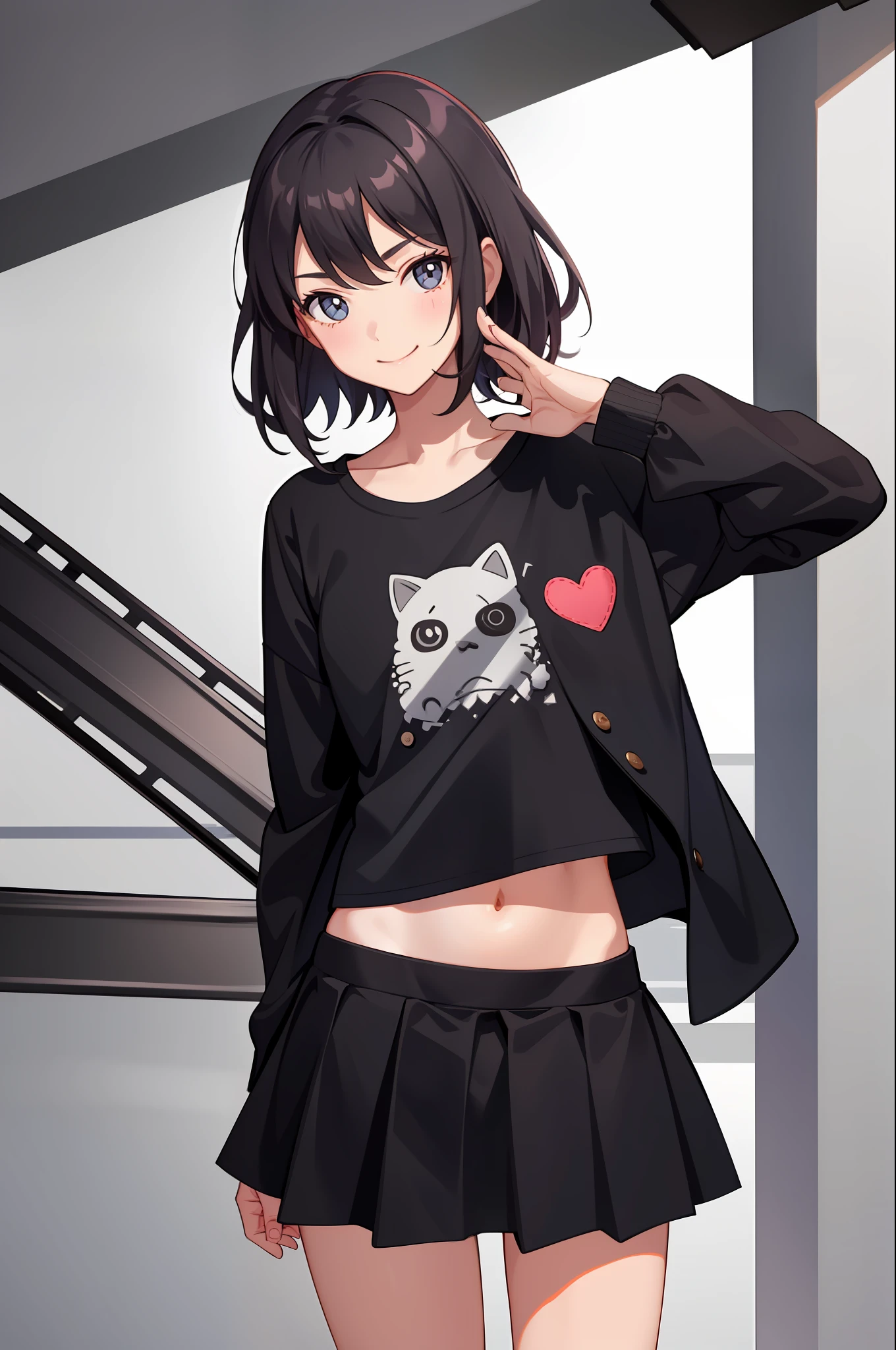 1 girl, smile, shirt, skirt, (small) chiralism,