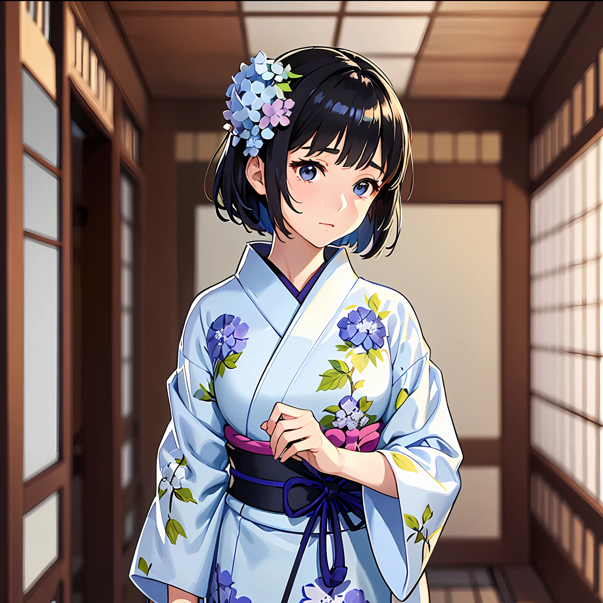 A beautiful girl who exudes a pure and neat atmosphere stands on a plain white background. She wears a yukata and has beautiful hydrangea patterns painted all over her body. She has short cuts and black hair and stands gracefully.