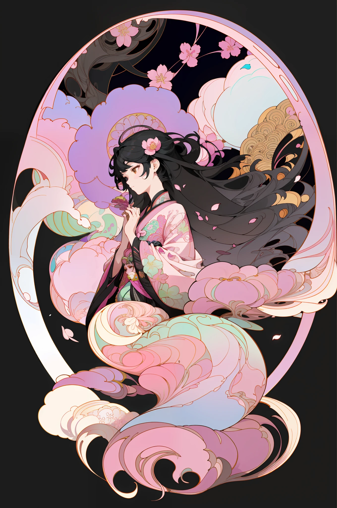 (1 Kushinadahime, Solo, Full Body, Calm Woman, Long Hair, Beautiful, Black Hair), Very Detailed, (Abstract Background, Zentangle, Fractal Art: 1.3), (Pastel, Colorful: 1.1), (Petals, Flowers: 1.3), Anime Art Nouveau, Flat Cell Shading Mucha, Mucha Style,