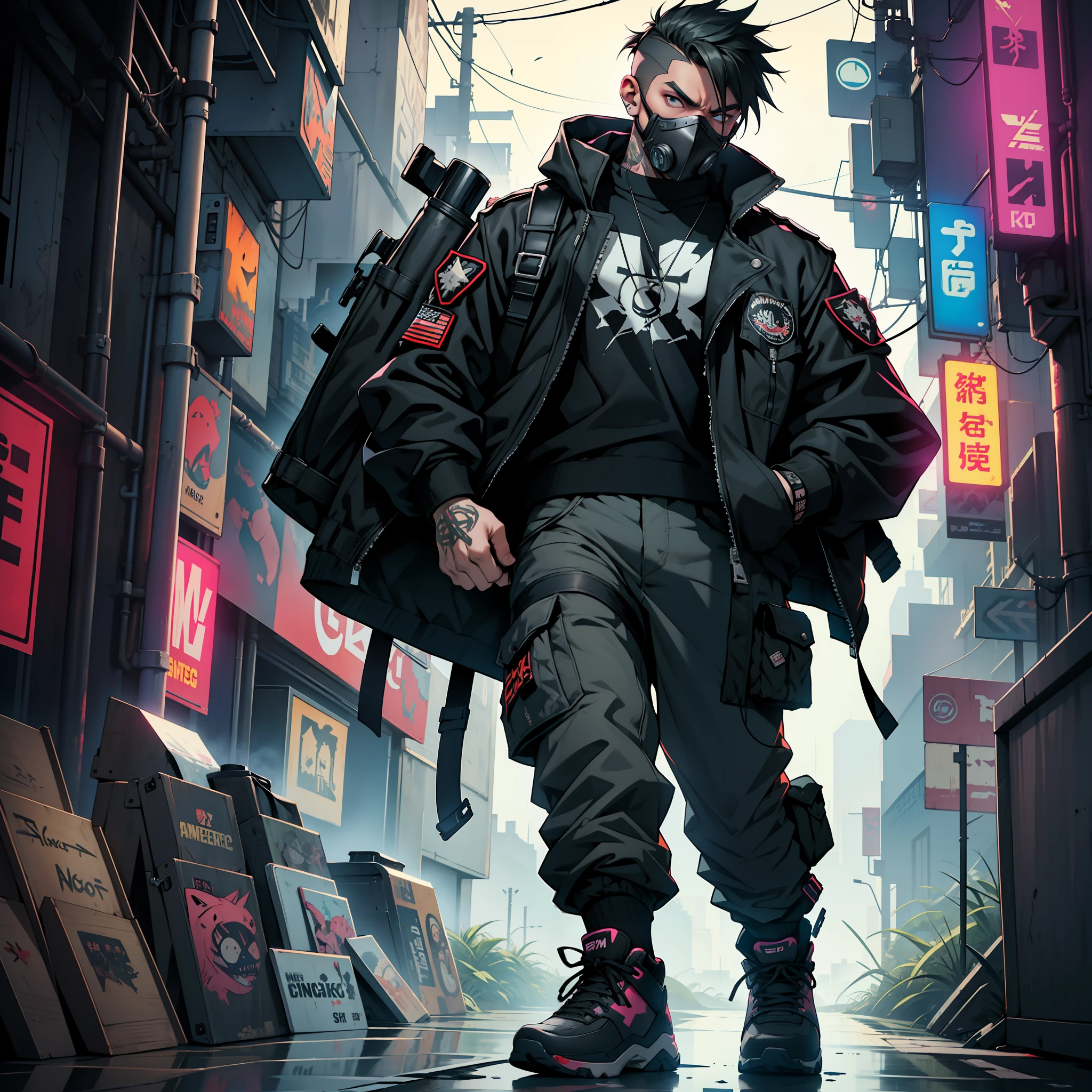ung anti hero, punk outfit, pig mask, powers over humans, uncontrollable strength, breathing tubes in mask, biker luke, army shoes, wide cargo pants, baggy blouse, punk jacket, guitar on the back, he is in a lit environment, cyberpunk city, strong colors,