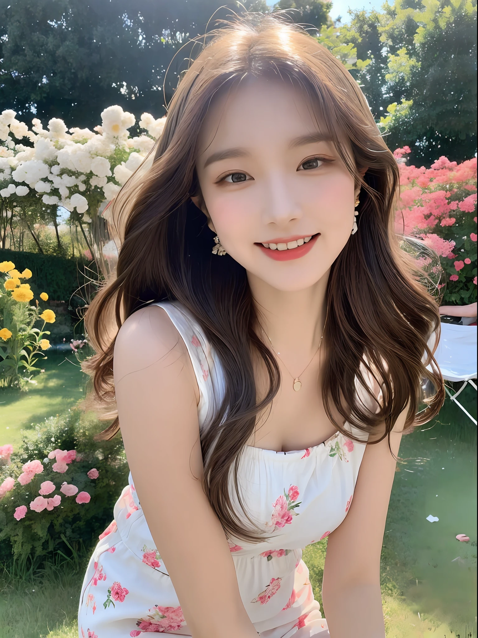 1 girl, hairpins, earrings, jewelry, brown hair, looking at the audience, lips, playful, sitting in front of the drawing board, painting, thighs, whole body, in a sea of flowers or on the beach, she is wearing a white long dress, slightly sideways face, hands caressing long hair, gentle eyes, smiling, as if admiring the beauty of nature, such a photo will definitely make people feel her beautiful and innocent atmosphere. The tone of the photo can be predominantly natural, biased towards bright and soft, making people feel warm and serene. It seems to be dancing in harmony with its surroundings. Her breath is full of vitality and vitality, as if her whole body is venting the energy of youth. The whole picture is made more vivid by her presence, making people feel endless joy and vitality.