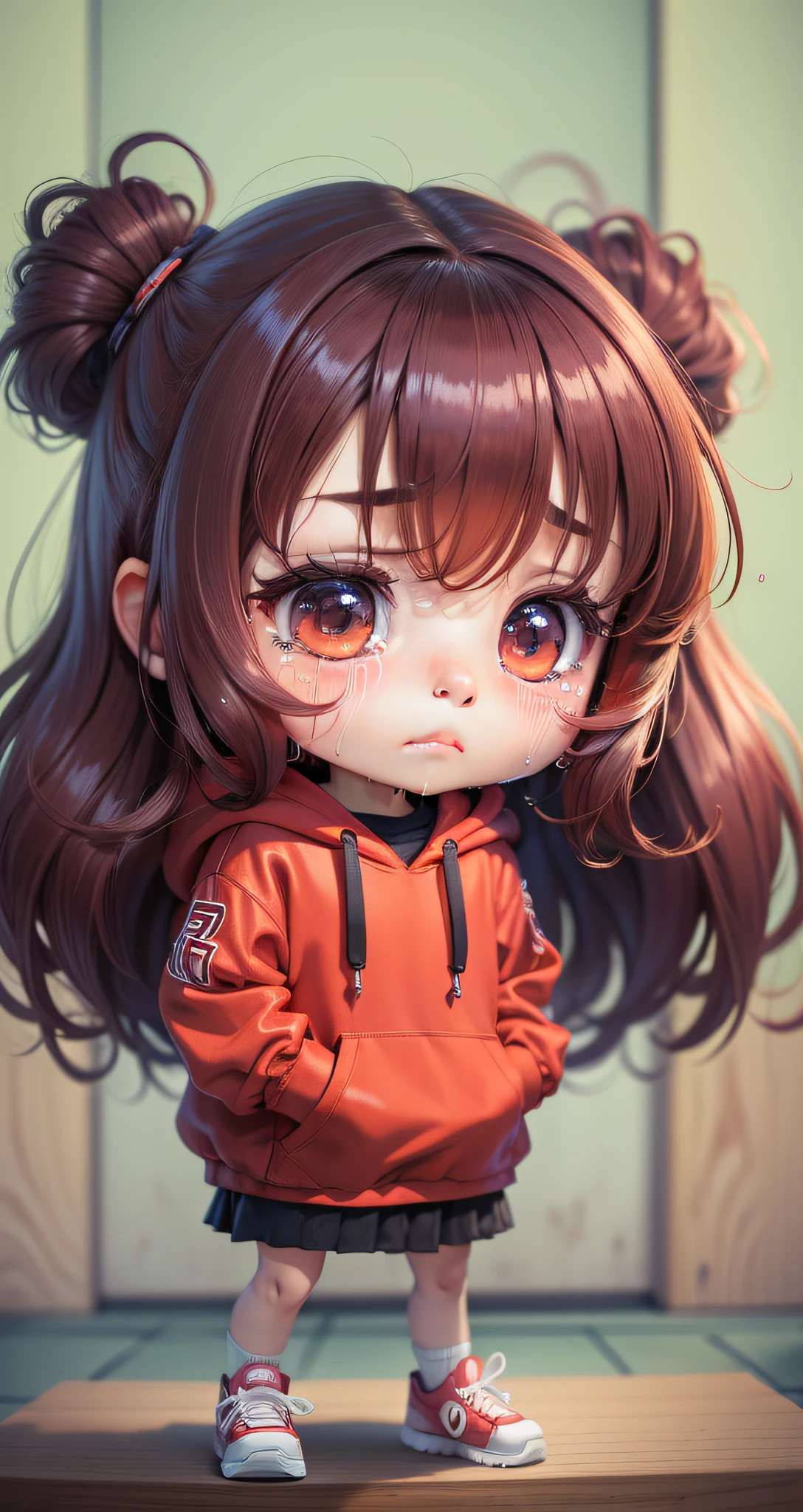 a chibi girl with long hairis are crying wearing oversized red hoodie