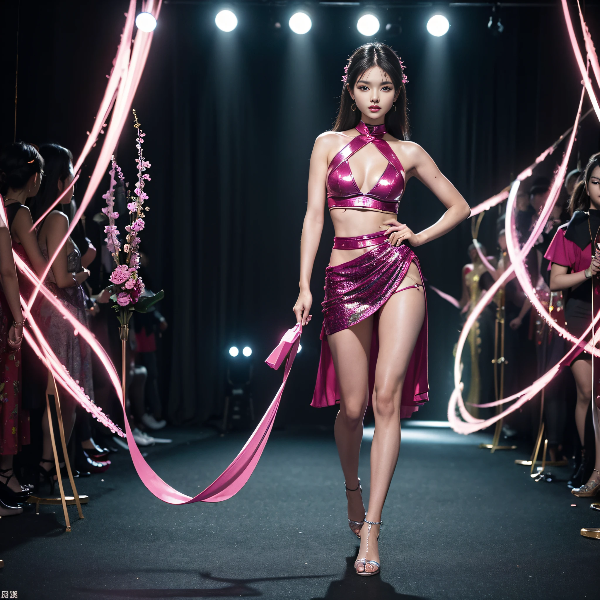 (((Masterpiece))), (16K, Beautiful model wearing AI original fashion, full body), Vibrant colors, Glossy screen, Portrait, (Walk the runaway), Beautiful face, Dark eye makeup, Hairstyle according to AI original fashion, (Fashion show, top quality, radiant skin, perfect human body structure) full body