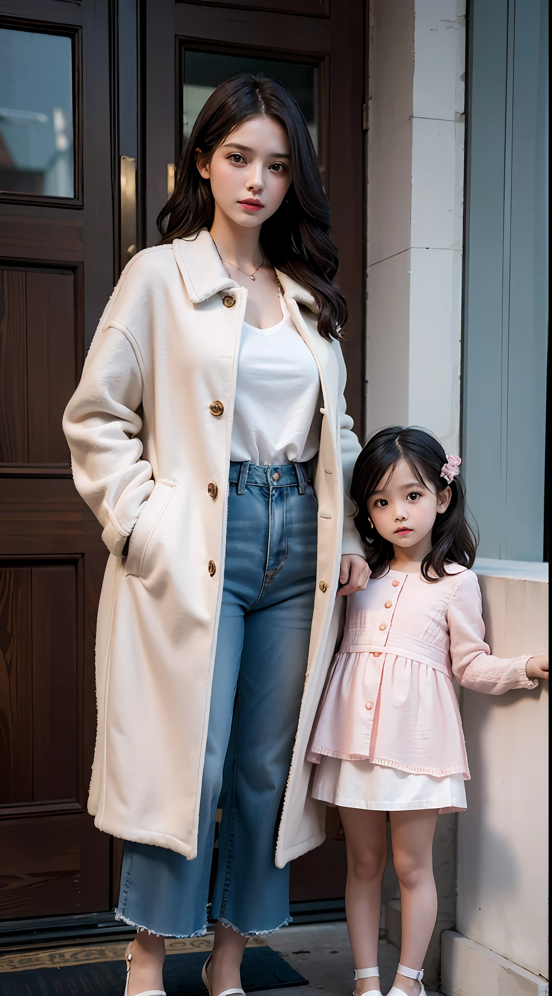 Best Quality, Masterpiece, Ultra High Resolution, (Realisticity: 1.4), Original Photo, 2girls, 35 years old women and 8ars old girl, lady and liirl, mother and daughter, white, movie lighting, fashion model, coat, lady, cute, pink,