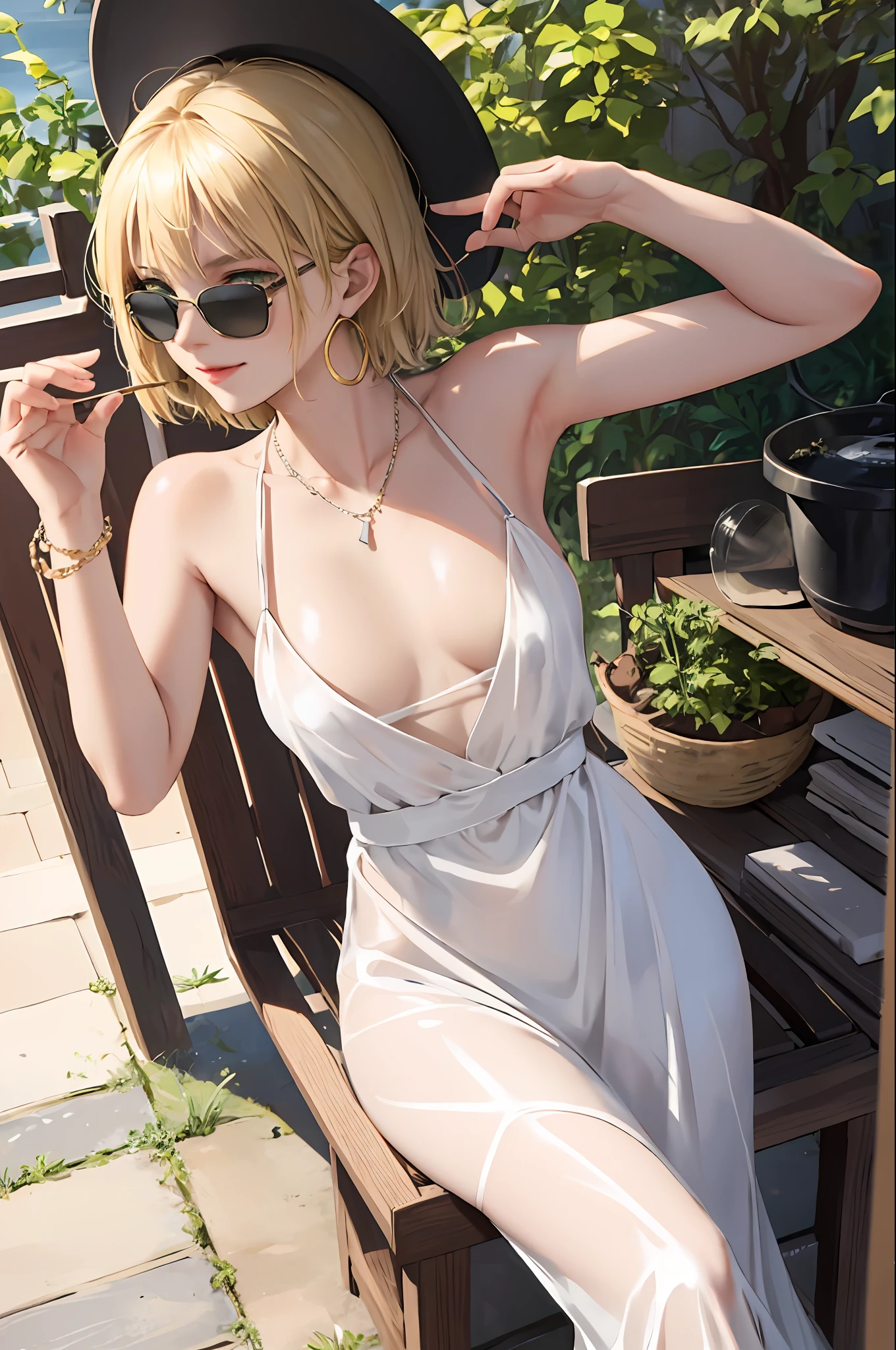 (masterpiece:1.2, best quality), 1girl, smirk, slim, slender, green eyes, sharp eyes, small_breasts, flat_chest, leaning forward, facing viewer, dress, wide-brimmed hat, strappy sandals, oversized sunglasses, simple hoop earrings, shell necklace, areola slip, down blouse, embarrassed, very short blonde hair, ^ ^, nature, yoga studios, serene spaces,
