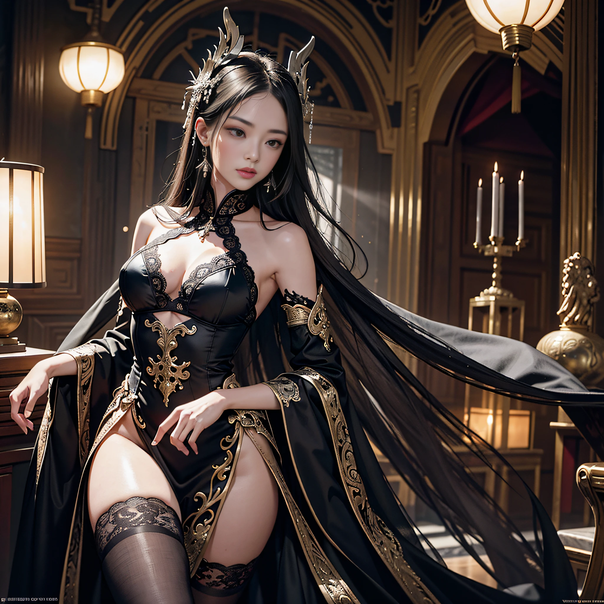 Official Art, Unity 8k wallpaper, super detailed, beautiful, beautiful, masterpiece, best quality, super detailed texture, asymmetrical aesthetics,
darkness, epic, atmospheric, mysterious, taboo, sexy, art, ancient china, decoration, intricate and magnificent, kingly pose, silverwork, lace, supernatural, costume design,
1 girl, black stockings, elegant manners, conservative dress, full body composition