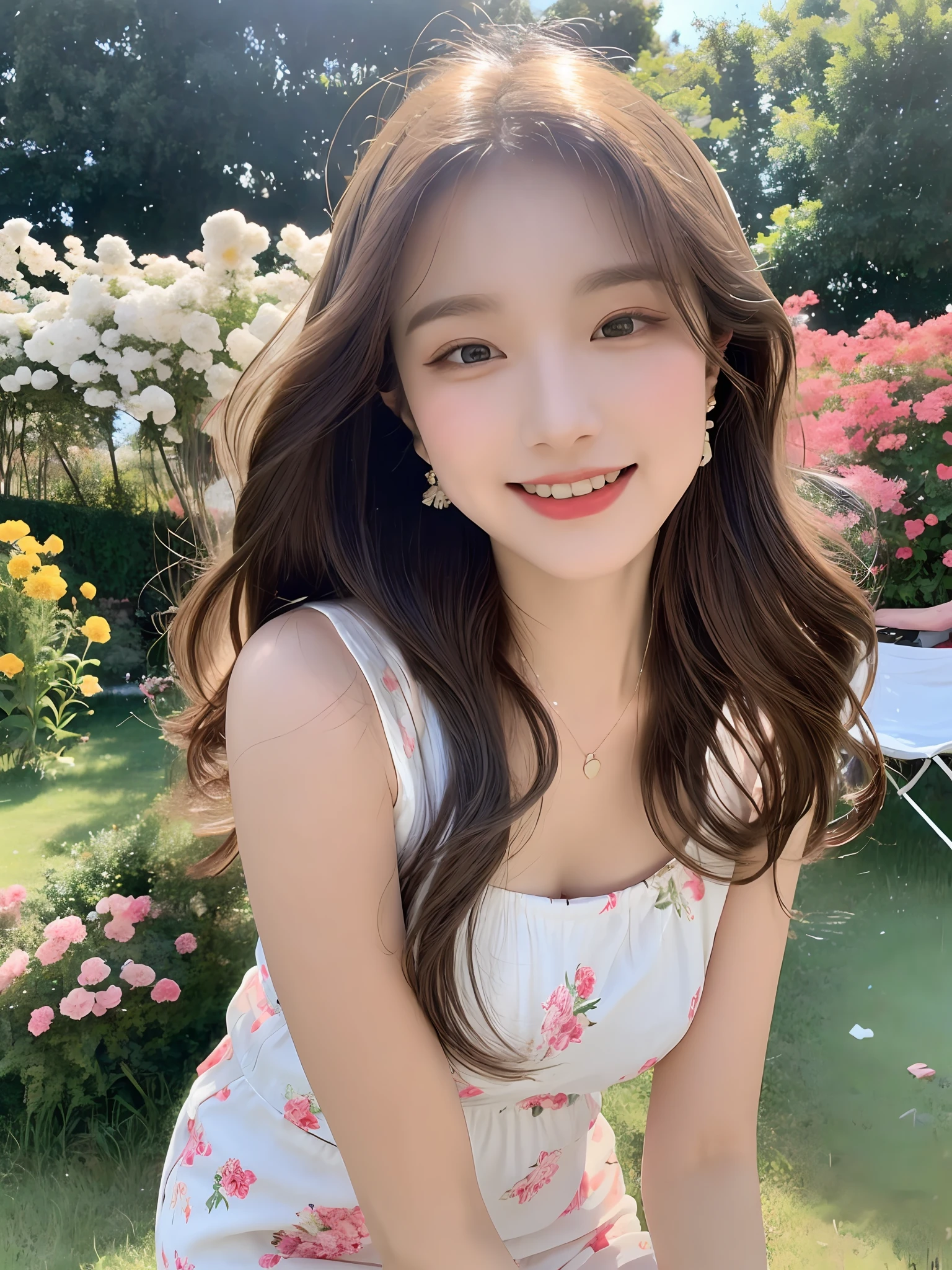 1 girl, hairpins, earrings, jewelry, brown hair, looking at the audience, lips, playful, sitting in front of the drawing board, painting, thighs, whole body, in a sea of flowers or on the beach, she is wearing a white long dress, slightly sideways face, hands caressing long hair, coquettish, gentle eyes, smiling, as if admiring the beauty of nature, such a photo will definitely make people feel her beautiful and innocent breath. The tone of the photo can be predominantly natural, biased towards bright and soft, making people feel warm and serene. It seems to be dancing in harmony with its surroundings. Her breath is full of vitality and vitality, as if her whole body is venting the energy of youth. The whole picture is made more vivid by her presence, making people feel endless joy and vitality.