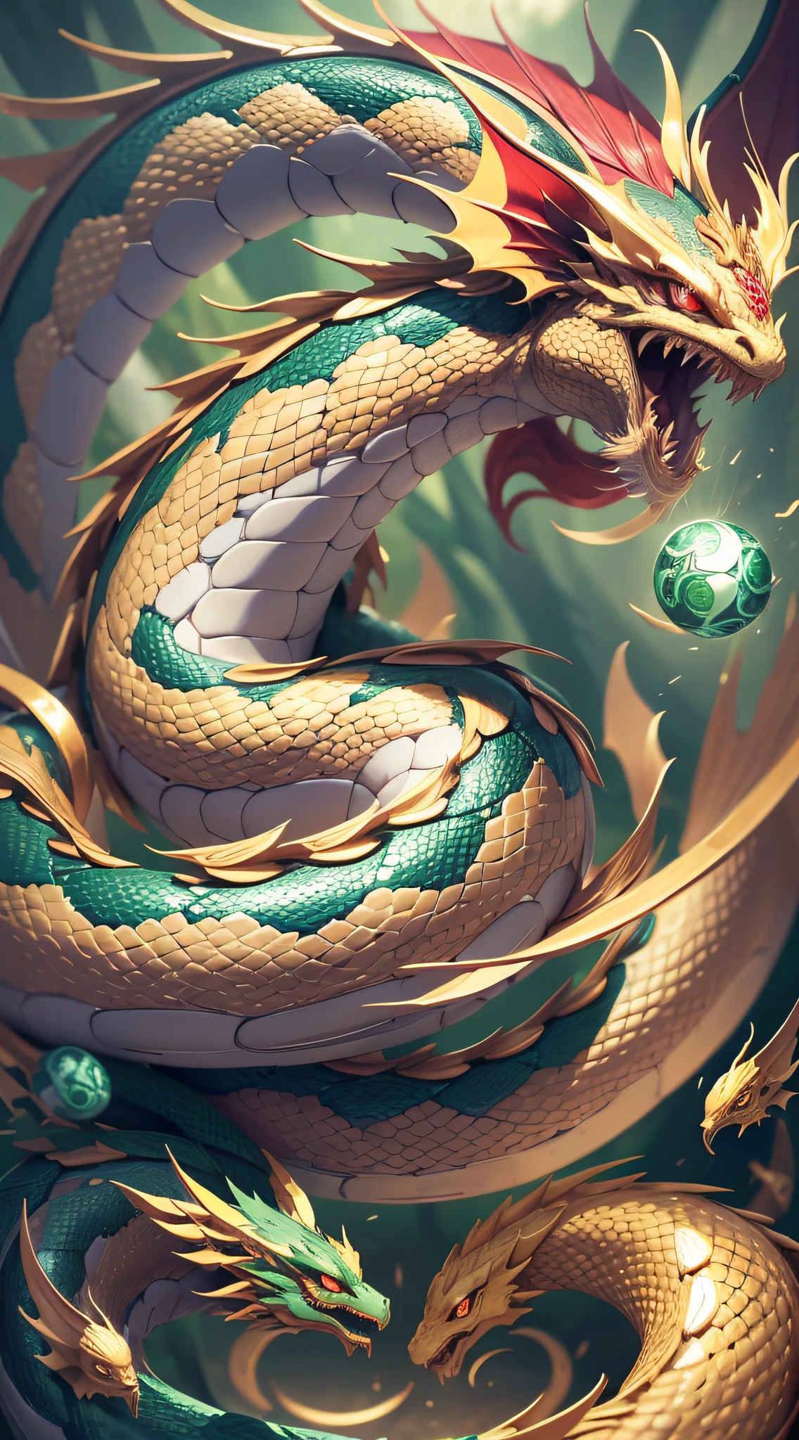 Money luck up, money is fluttering in the background, only one yellow dragon placed in the center, no hands or feet, snake, golden, no arms, no legs