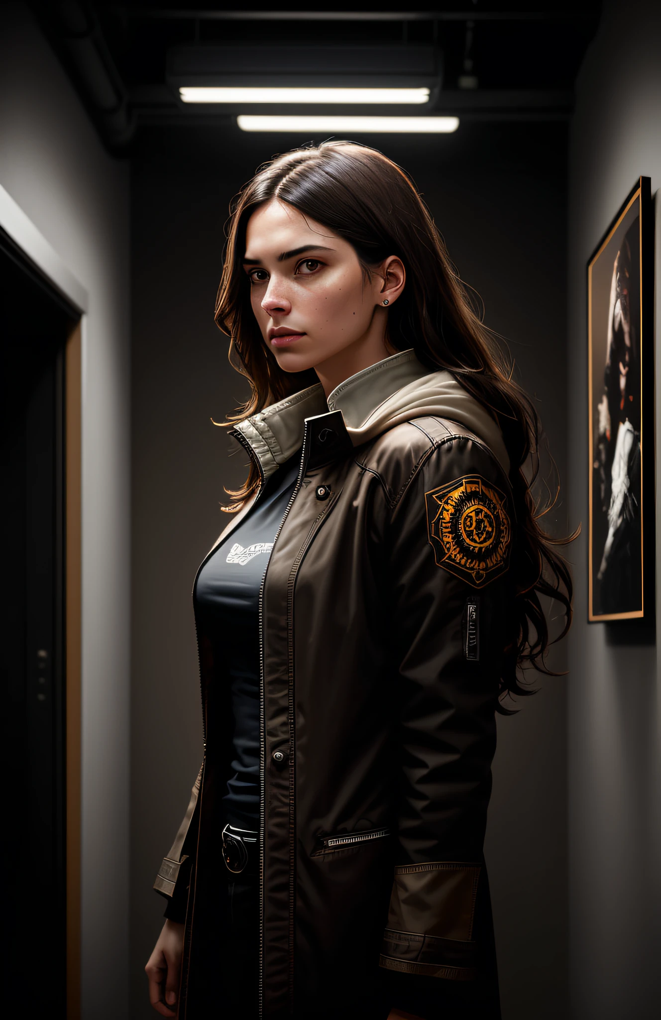 (dark photo: 1.1), realistic epic, halo portrait, full body, gesticulating and talking, frontal gaze, elegant woman, light brown eyes, wavy brown hair, black and white scientist coat, by Atey Ghailan, by Greg Rutkowski, by Greg Tocchini, by James Gilleard, by Joe Fenton, by Kaethe Butcher, yellow gradient, black, brown and magenta color scheme,  grunge aesthetics!!! White wall background, art by Greg Rutkowski and Artgerm, soft cinematic light, Adobe Lightroom, Photo Lab, HDR, intricate, highly detailed, (depth of field: 1.4), faded, (neutral colors: 1.2), (HDR: 1.4), (soft colors:1.2), hyperdetailed, (Artstation:1.4), cinematic, warm lights, dramatic light, (intricate details:1.1), complex background, (Rutkowski:0.66), (blue and orange:0.4)