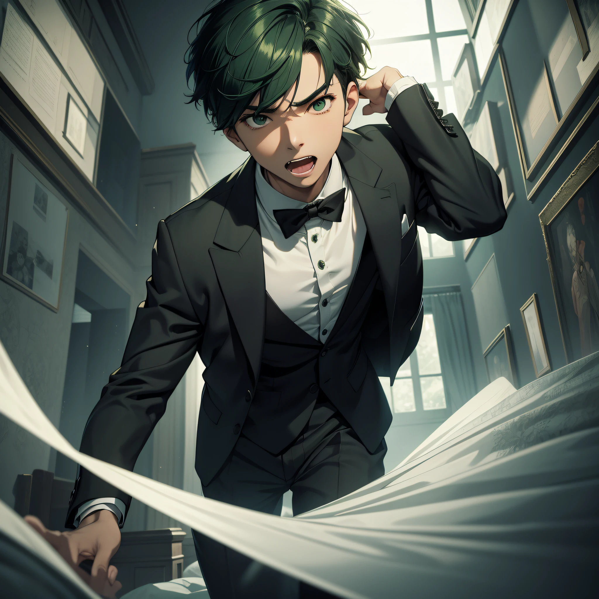 Absurd resolution, high resolution, (masterpiece: 1.4), hyperdetail, Asian, young man with short green hair, black suit, eerie room, open curtains, scared expression, open mouth