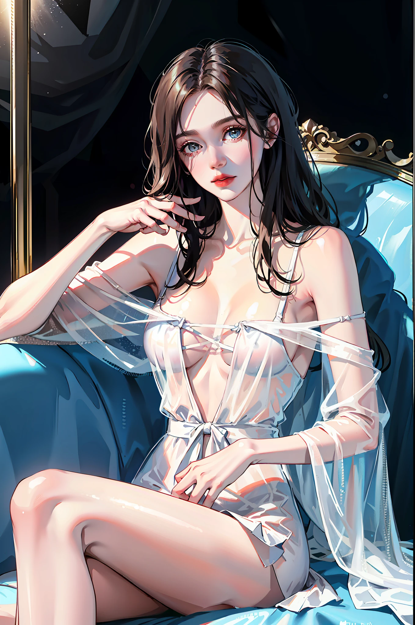 A beautiful mature and attractive woman, transparent dress, sitting on the sofa, domineering sitting posture, snow-white translucent skin, snow-white long legs, centered, hands covered, 85mm focal length, collarbone, perfect body, super high quality, 8k,