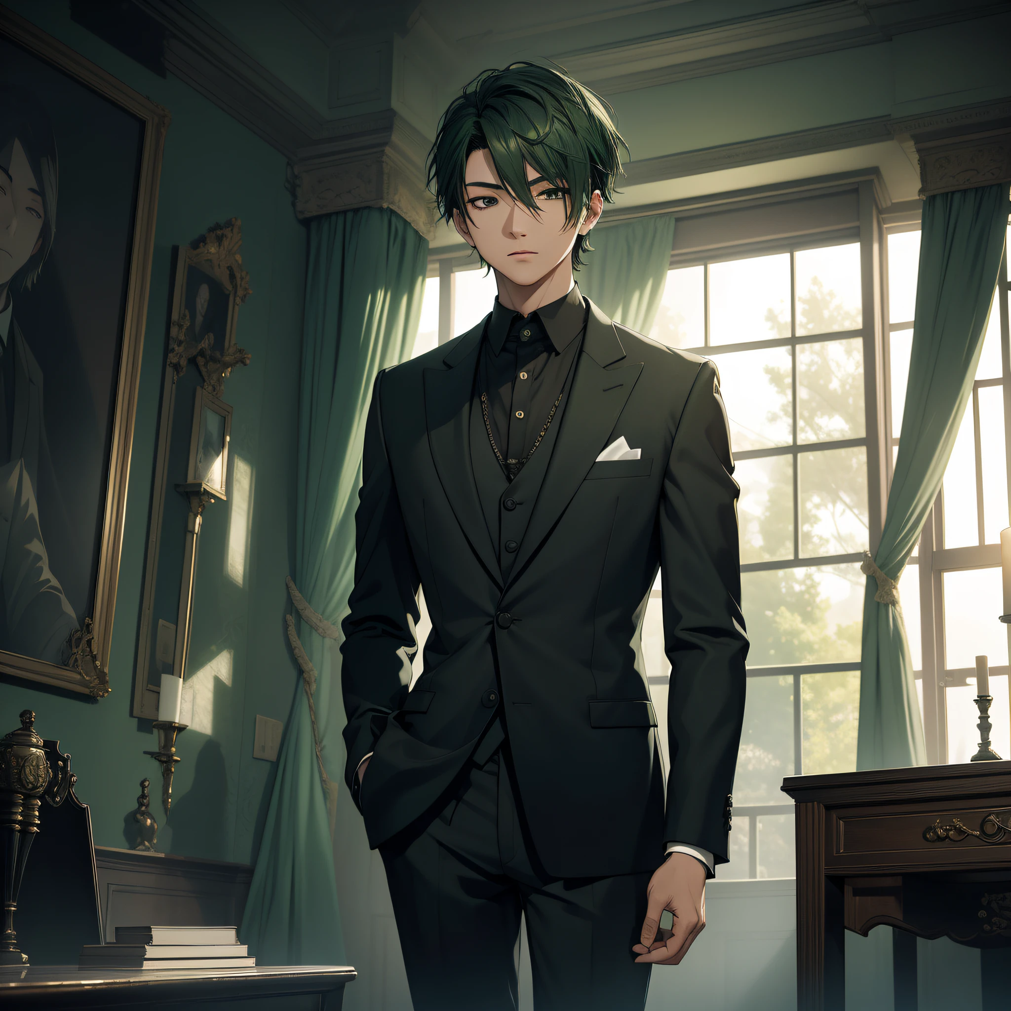 Absurd resolution, high resolution, (masterpiece: 1.4), hyperdetail, Asian, young man with short green hair, black suit, eerie room, open curtains, scared expression, open mouth