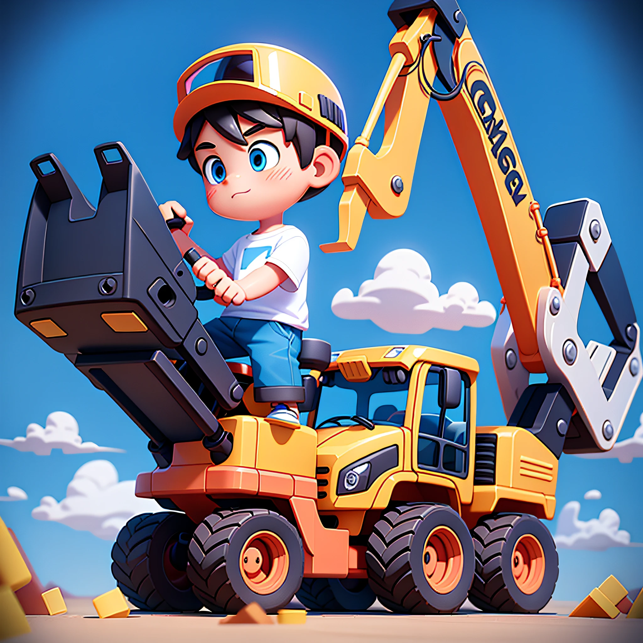 Cartoon illustration C4D a little boy in assembling toy digging excavator on white background