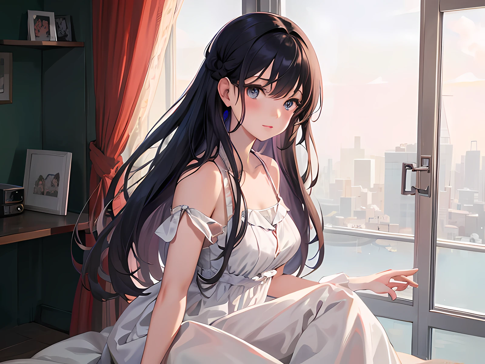 anime girl in white dress looking out window with city in background, anime moe artstyle, anime visual of a cute girl, smooth anime cg art, anime girl with long hair, cute anime waifu in a nice dress, young anime girl, beautiful anime girl, high quality anime artstyle, beautiful anime high school girl, beautiful anime portrait, attractive anime girl