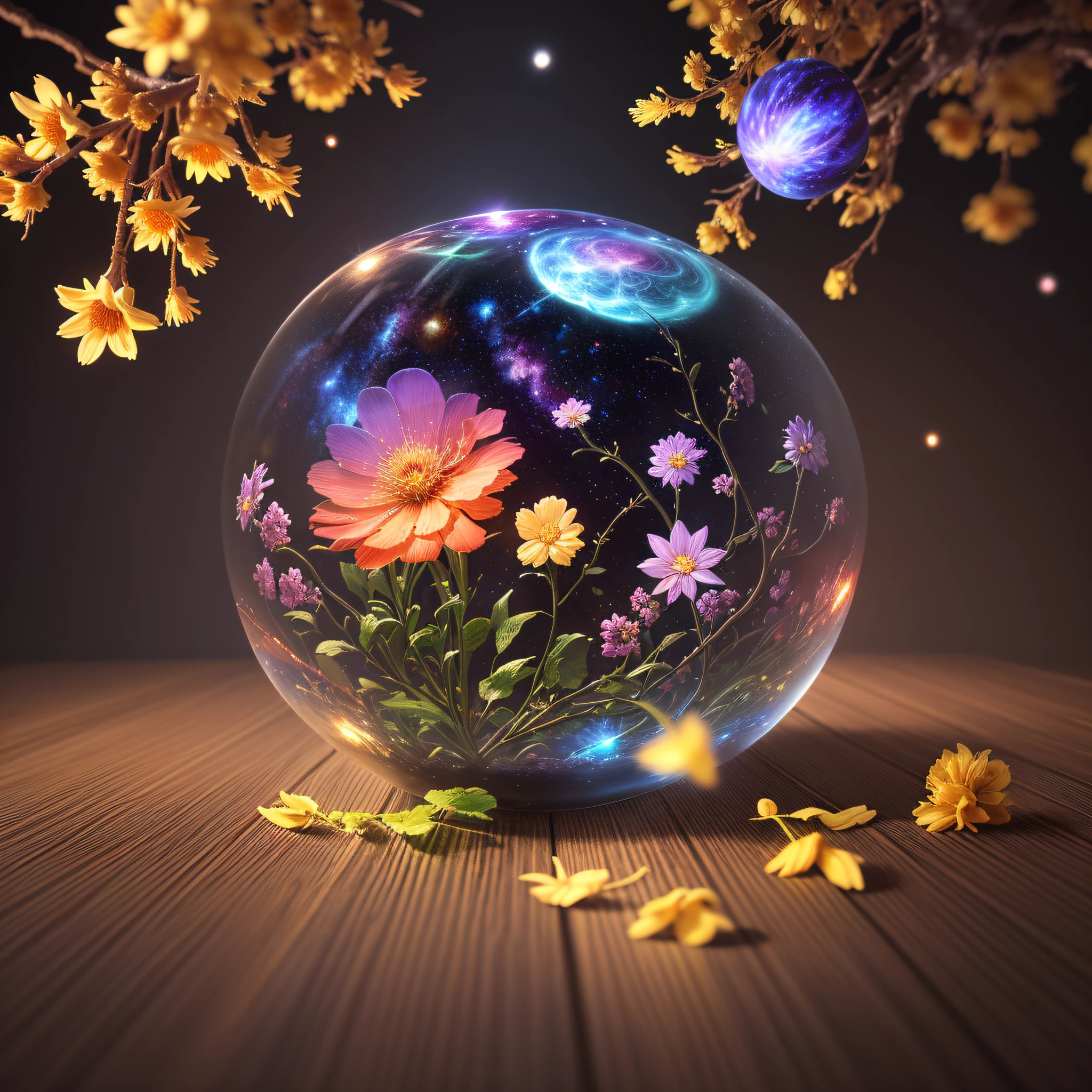 In the universe, there is a flower with nebula star clusters as leaves and planets as fruits, taking root in the universe, masterpiece, best quality, high quality, epic composition, very detailed CG unity 8k wallpaper, oil painting, award winning photography , bokeh, depth of field, HDR, chromatic aberration, photorealistic, very detailed, trends on artstation, intricate, high detail, dramatic, midway art, volumetric lighting --v 6