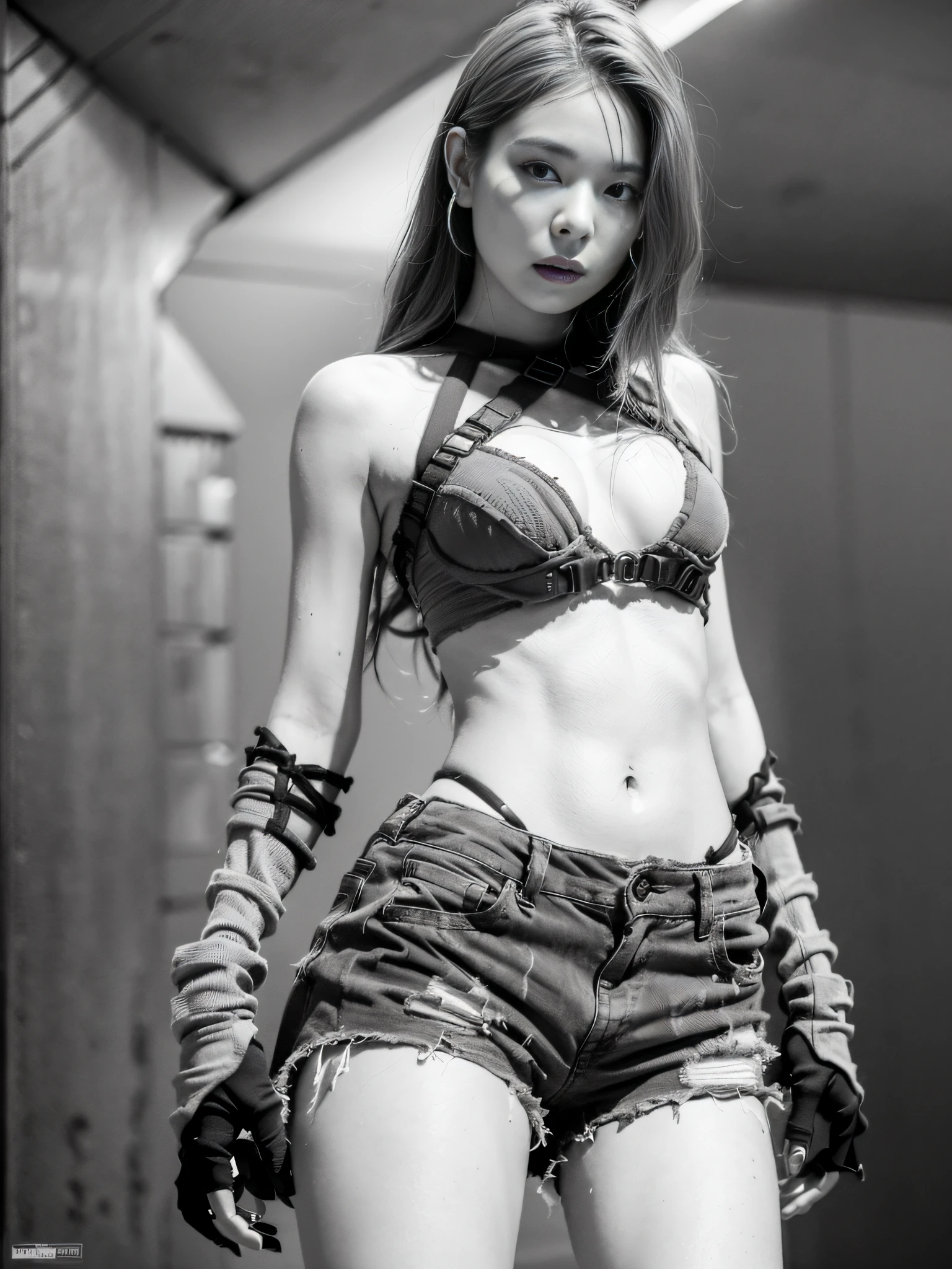 (1girl:1.3), solo, __body-parts__, doomsday wasteland style, sexy, shorts, dusty, stormy, dirty, gray tones, 8k resolution image, intricate symmetrical details. The whole picture is invincible and heroic, mainly a complete picture of a woman standing all over her body, with smooth movements and a confident expression.
