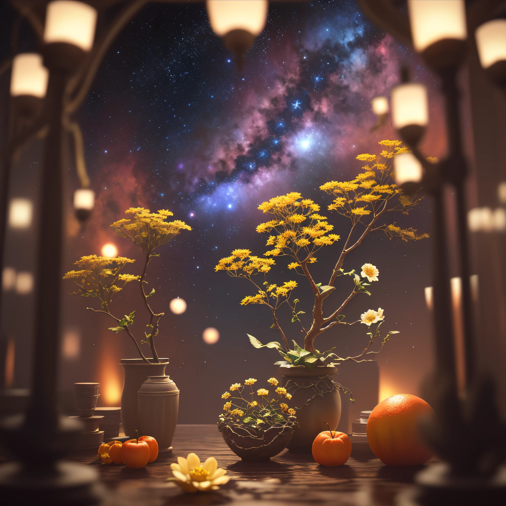 In the universe, there is a flower with nebula star clusters as leaves and planets as fruits, taking root in the universe, masterpiece, best quality, high quality, epic composition, very detailed CG unity 8k wallpaper, oil painting, award winning photography , bokeh, depth of field, HDR, chromatic aberration, photorealistic, very detailed, trends on artstation, intricate, high detail, dramatic, midway art, volumetric lighting --v 6