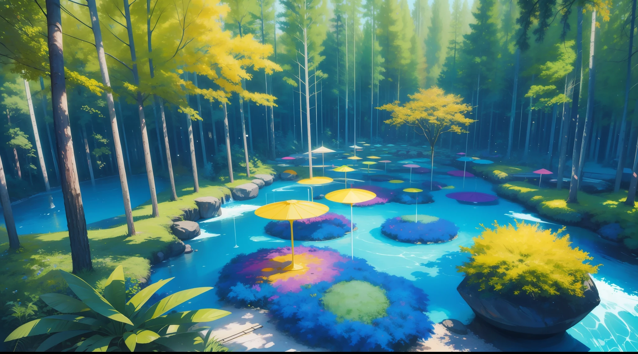 abstract forest, modern art, strong vibe, juicy colors, cheerful expression, dazzling, bright and sunny blue sky, aerial perspective, sparkling and with complex textures