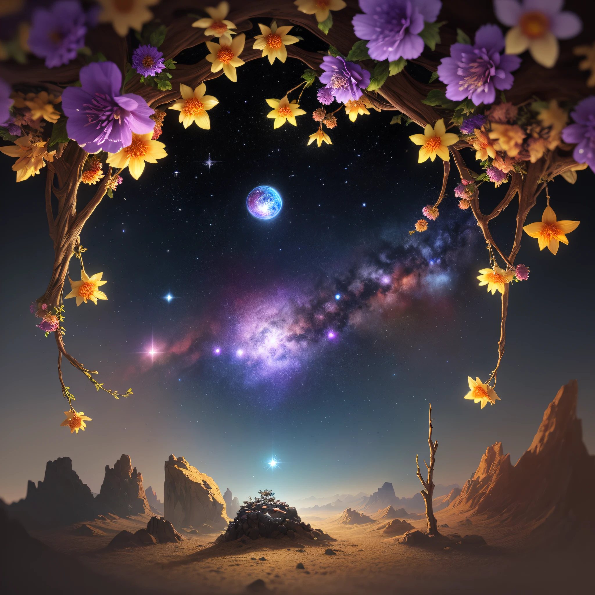 In the universe, there is a flower with nebula star clusters as leaves and planets as fruits, taking root in the universe, masterpiece, best quality, high quality, epic composition, very detailed CG unity 8k wallpaper, oil painting, award winning photography , bokeh, depth of field, HDR, chromatic aberration, photorealistic, very detailed, trends on artstation, intricate, high detail, dramatic, midway art, volumetric lighting --v 6