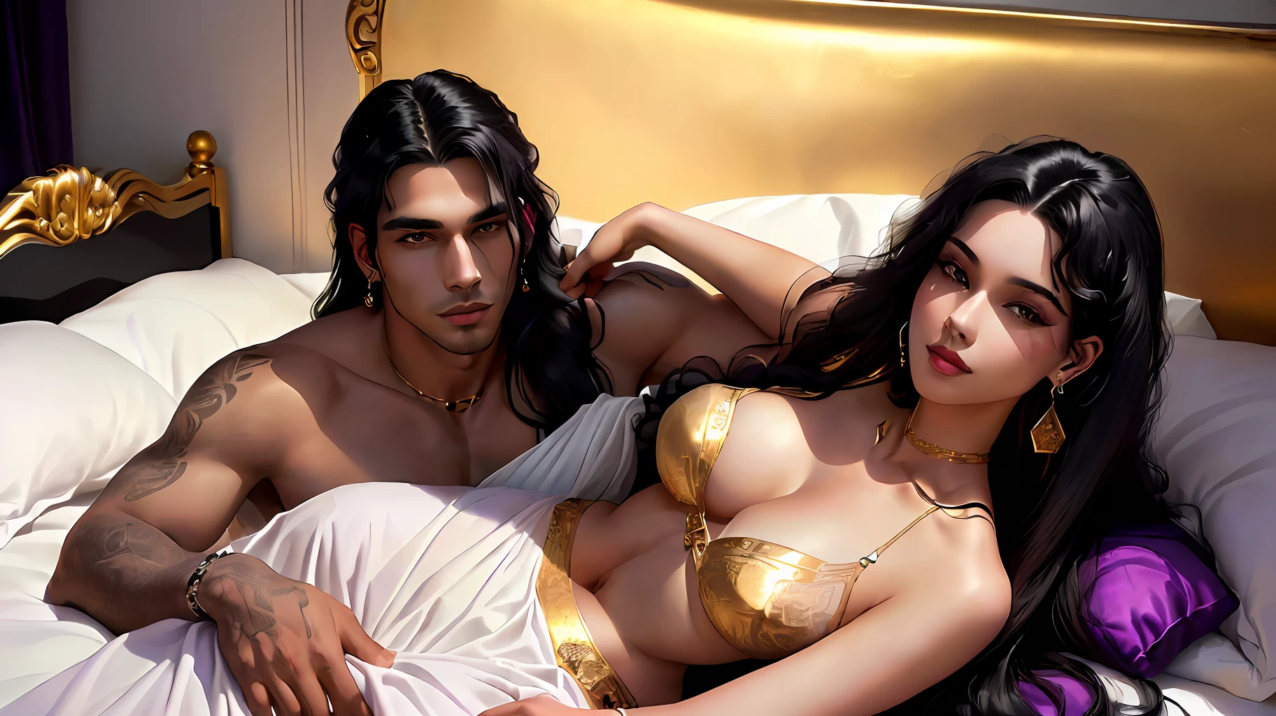 (a man, (white skin, long black hair, handsome)), (he is with his wife lying on his bed: she is half-naked, has black skin, is beautiful and has many curves, has voluminous afro hair and wears purple lingerie, has earrings, piercings and golden accessories)