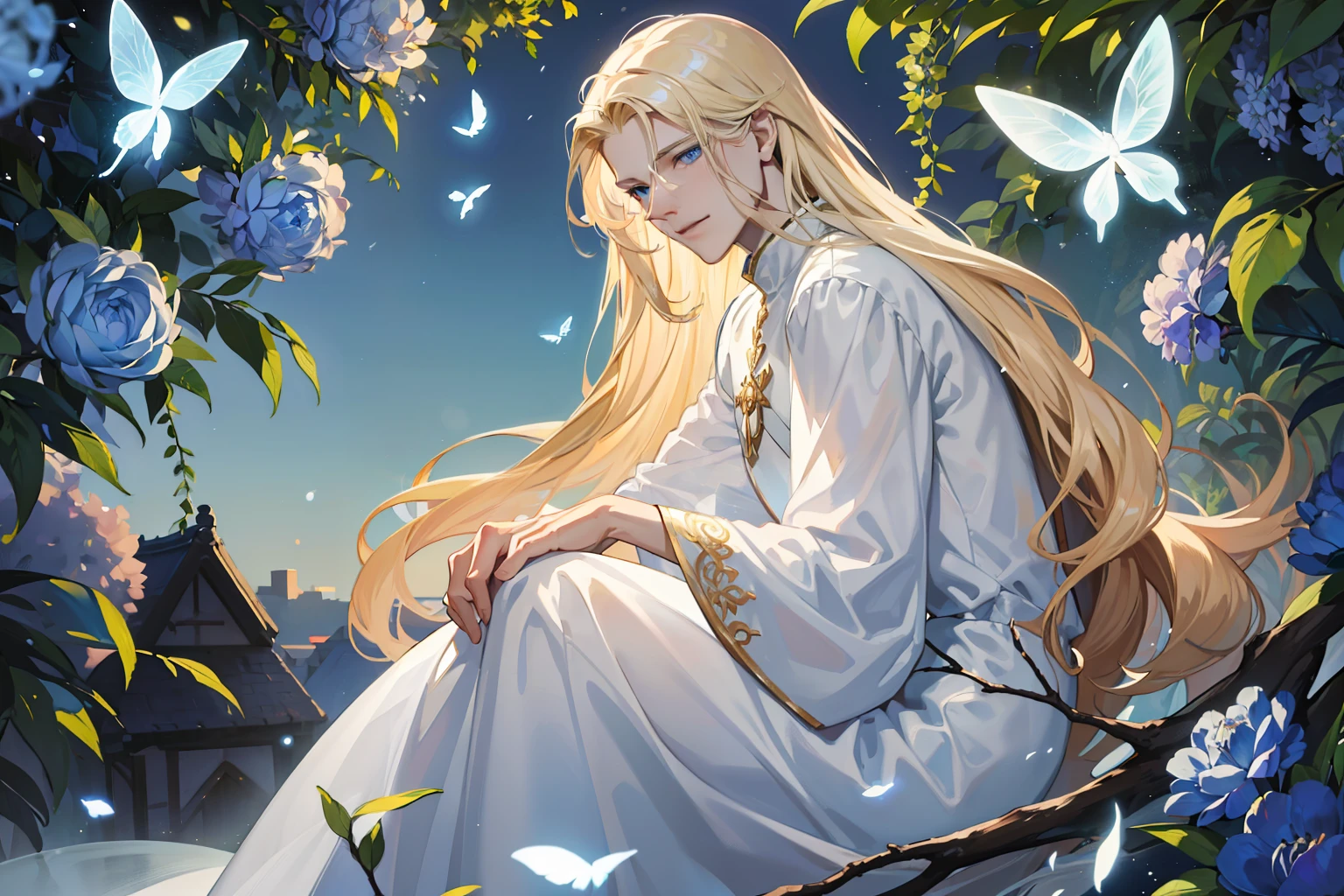 ((Superior quality, portraits, masterpieces, 8K wallpapers: 1.3)), man with long straight ash blond hair (((LONG BLOND HAIR))), blue eyes like diamonds (((BLUE EYES))), (((MALE FOCUS))) (((Fairy white wings on his back))) (((CHEERFUL LOOK))) sitting on a branch of a moeto tree, bioluminescent blue butterflies, dark hour, perfect shadows and reflections of the moon on the scene. white tunic, translucent, covered, clear clothing of God, CLOTHING COVERING HIS SKIN, TULLE TUNIC