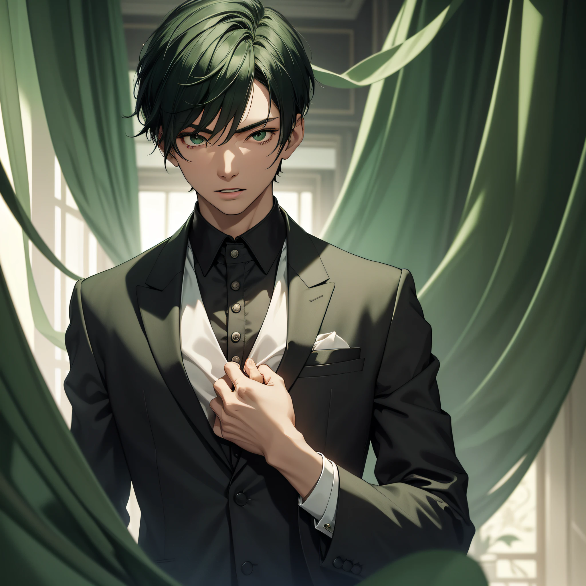 Absurd resolution, high resolution, (masterpiece: 1.4), hyperdetail, Asian, young man with short green hair, black suit, eerie room, open curtains, scared expression, open mouth