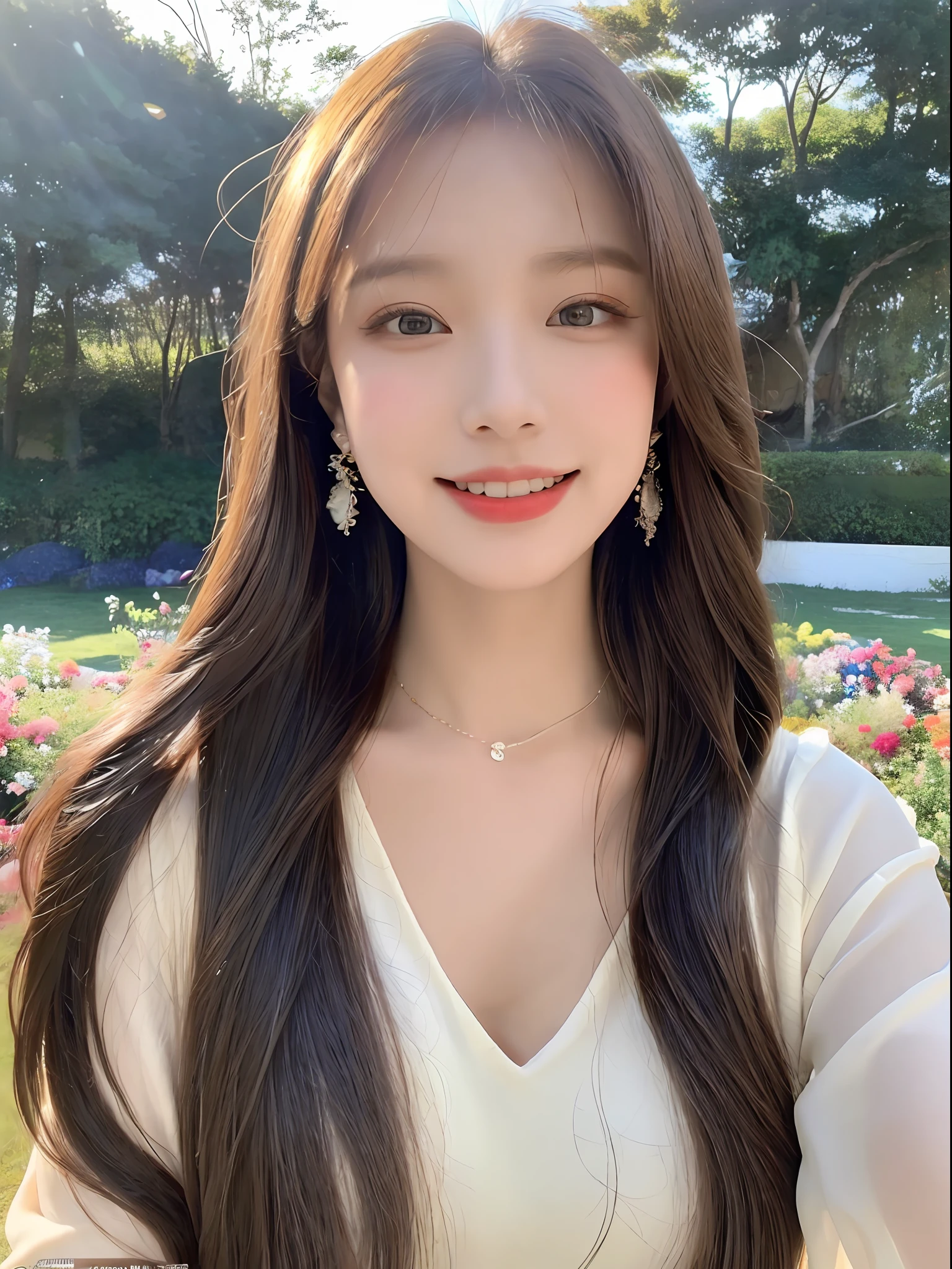 1 girl, hairpins, earrings, jewelry, brown hair, looking at the audience, lips, playful, sitting in front of the drawing board, painting, thighs, whole body, in a sea of flowers or on the beach, she is wearing a white long dress, slightly sideways face, hands caressing long hair, gentle eyes, smiling, as if admiring the beauty of nature, such a photo will definitely make people feel her beautiful and innocent atmosphere. The tone of the photo can be predominantly natural, biased towards bright and soft, making people feel warm and serene. It seems to be dancing in harmony with its surroundings. Her breath is full of vitality and vitality, as if her whole body is venting the energy of youth. The whole picture is made more vivid by her presence, making people feel endless joy and vitality.