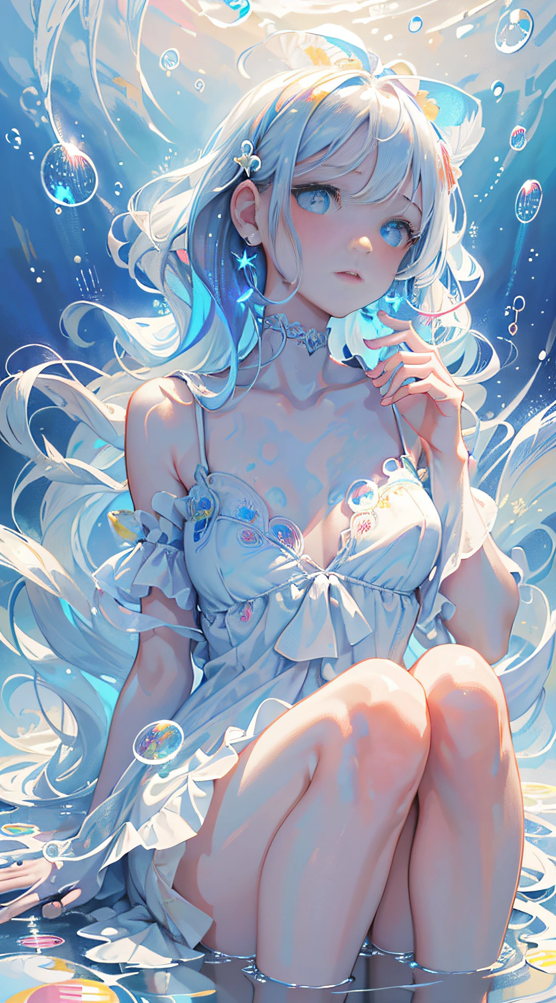 (Masterpiece, Best Quality: 1.2), (Super Detailed), (Illustration), Super High Resolution, Super Delicate Face, Delicate Eyes, Blue Pupils, Finger Details, Wallpaper, Original, 1girl, Messy White Hair, Thin Shoulder Straps, White Skirt, Bare Legs, Barefoot, Bare Arms, Full Body, (Surrounded by Colorful Splashes and Dots), Colored Bubbles, (Shiny), Simple Background