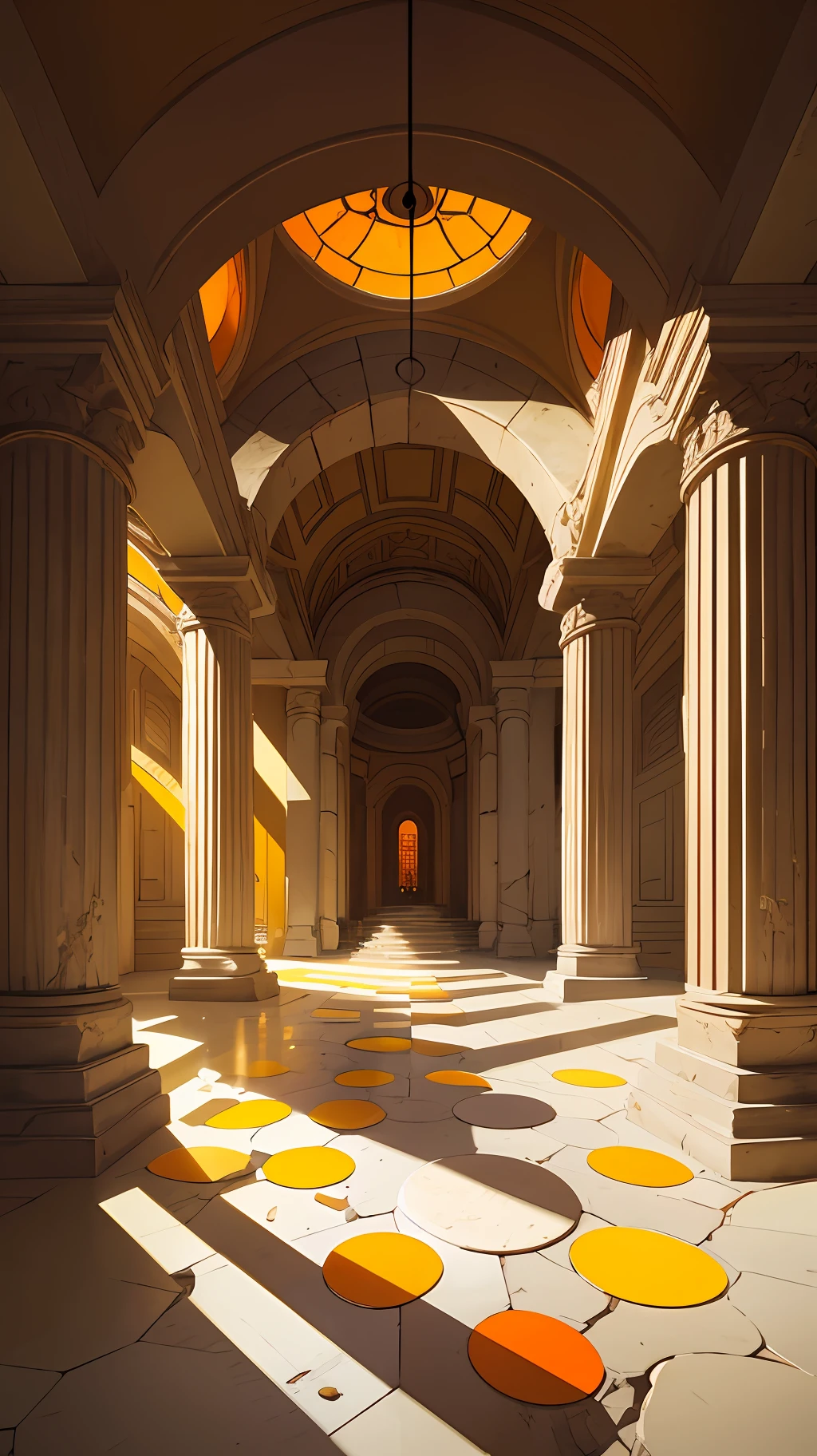 Circular temple, underground, round, abandoned, light coming from the pumpkin stained glass forming a mosaic, light coming from the ceiling, colors, red, white and yellow, dirty white floor, stone columns, carvings in the walls. Style D&D. Book illustration D&D&d. D & D --auto --s2