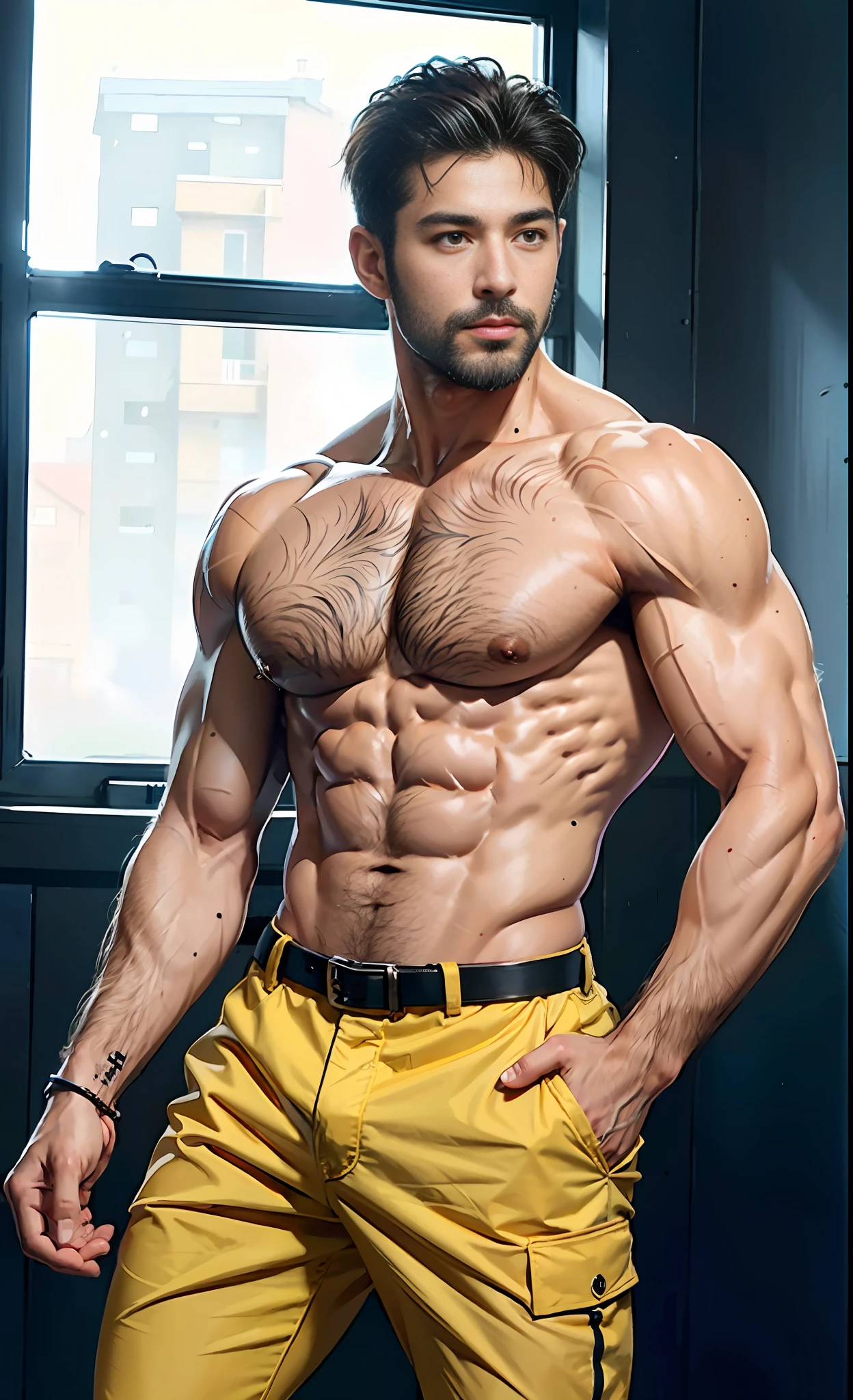 boy, muscular handsome model, yellow, tall, physique, aesthetics, wearing military uniform, war background, holding gun, skin details, skin texture, prominent abs, vline, biceps, pectorals, light beard, centered, natural pose, looking at camera, front lighting, war, military uniform