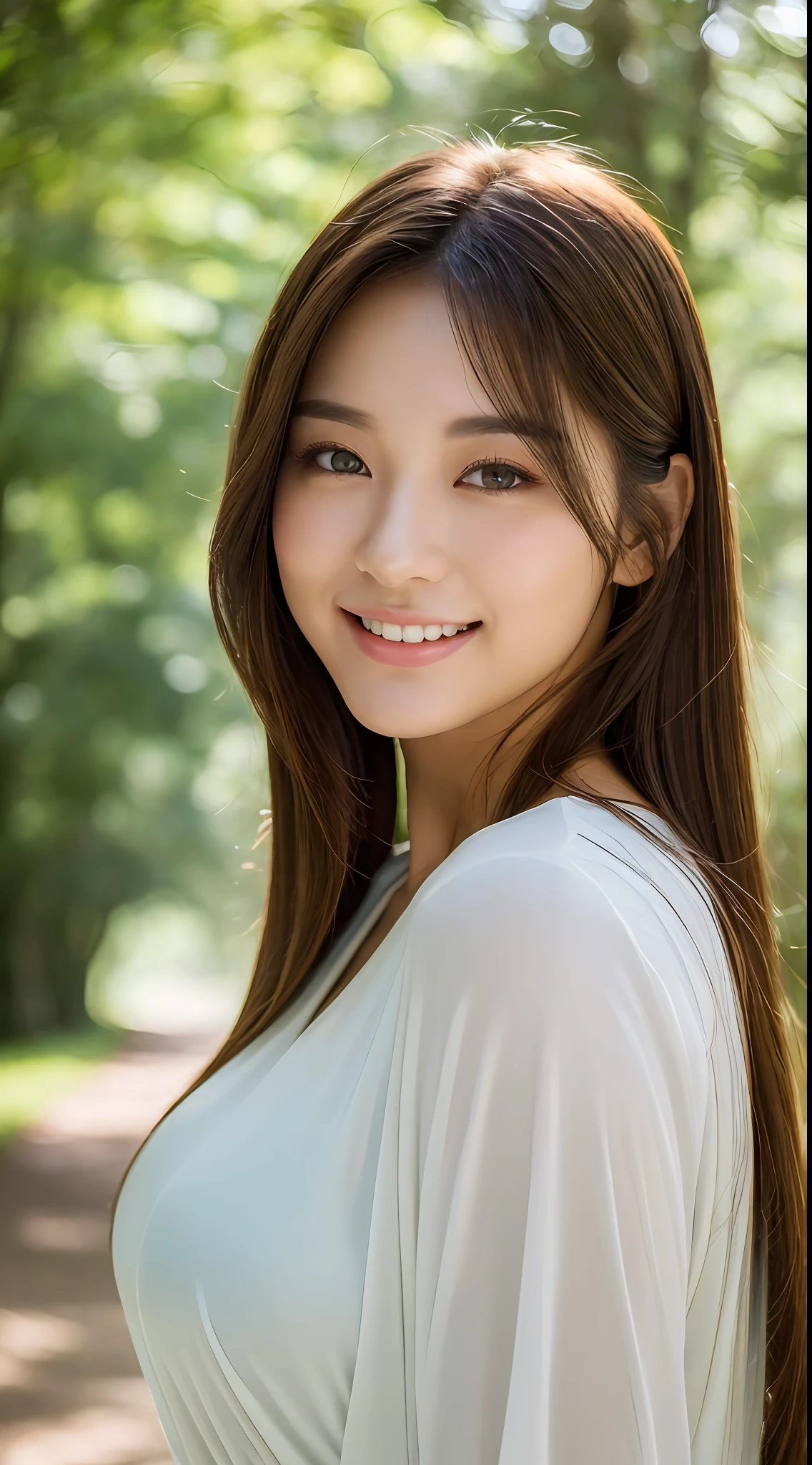 ((Best Quality, 8K, Masterpiece: 1.3)), Upper Body (1.4), Sharp Focus: 1.2, Glossy Skin in the Light, Beautiful Woman with Outstanding Style: 1.4, Wearing Clothes That Emphasize Her Breasts (3), (((Brown Hair, Colossal: 1.3)), Highly Detailed Face and Skin Texture, Not Too Dark Parallel Eyebrows Detailed Eyes, Double Eyelids, Smile (1.3) Natural Makeup, Walking in the Sun Through the Trees (5)