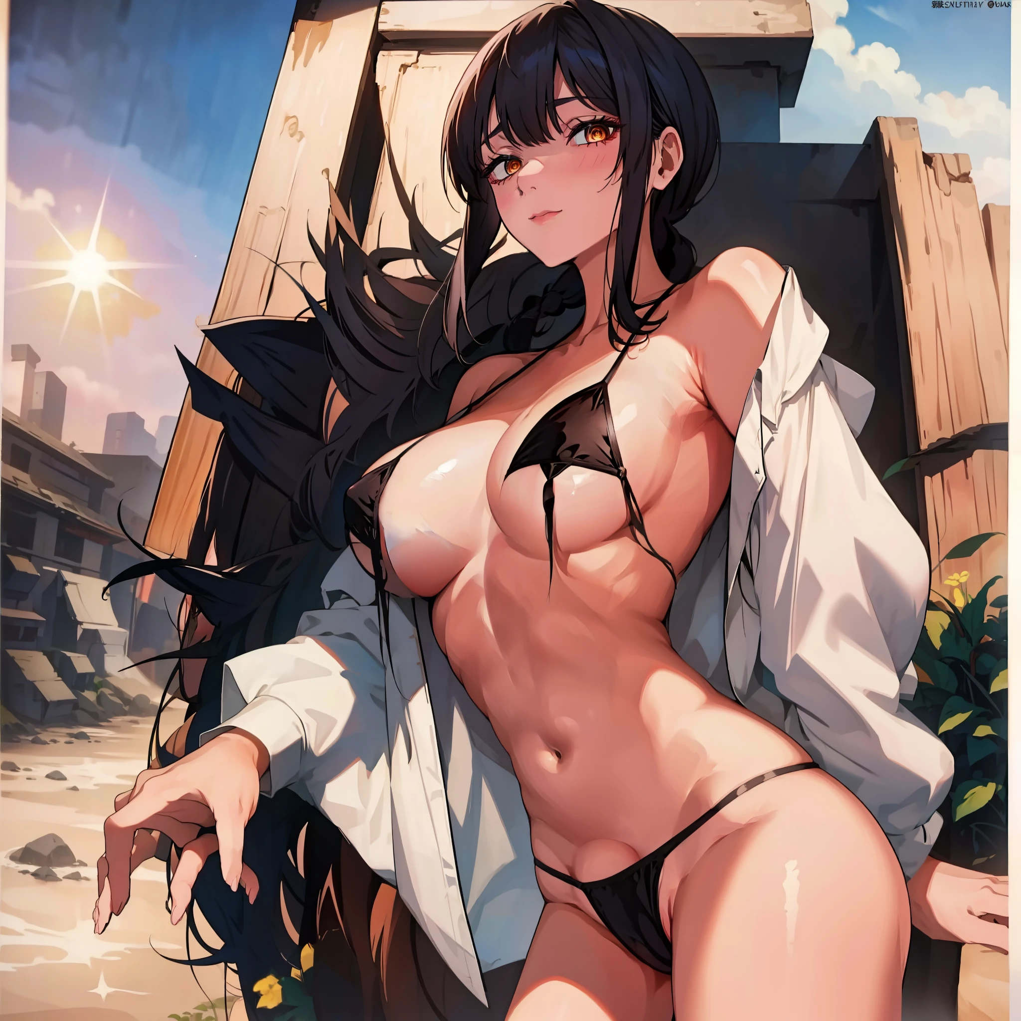 best quality, highres, 1girl, solo, black hair, breasts, folded ponytail, pruples eyes, tao jun, large breasts, micro bikini, outdoor, cowboy shooting ]