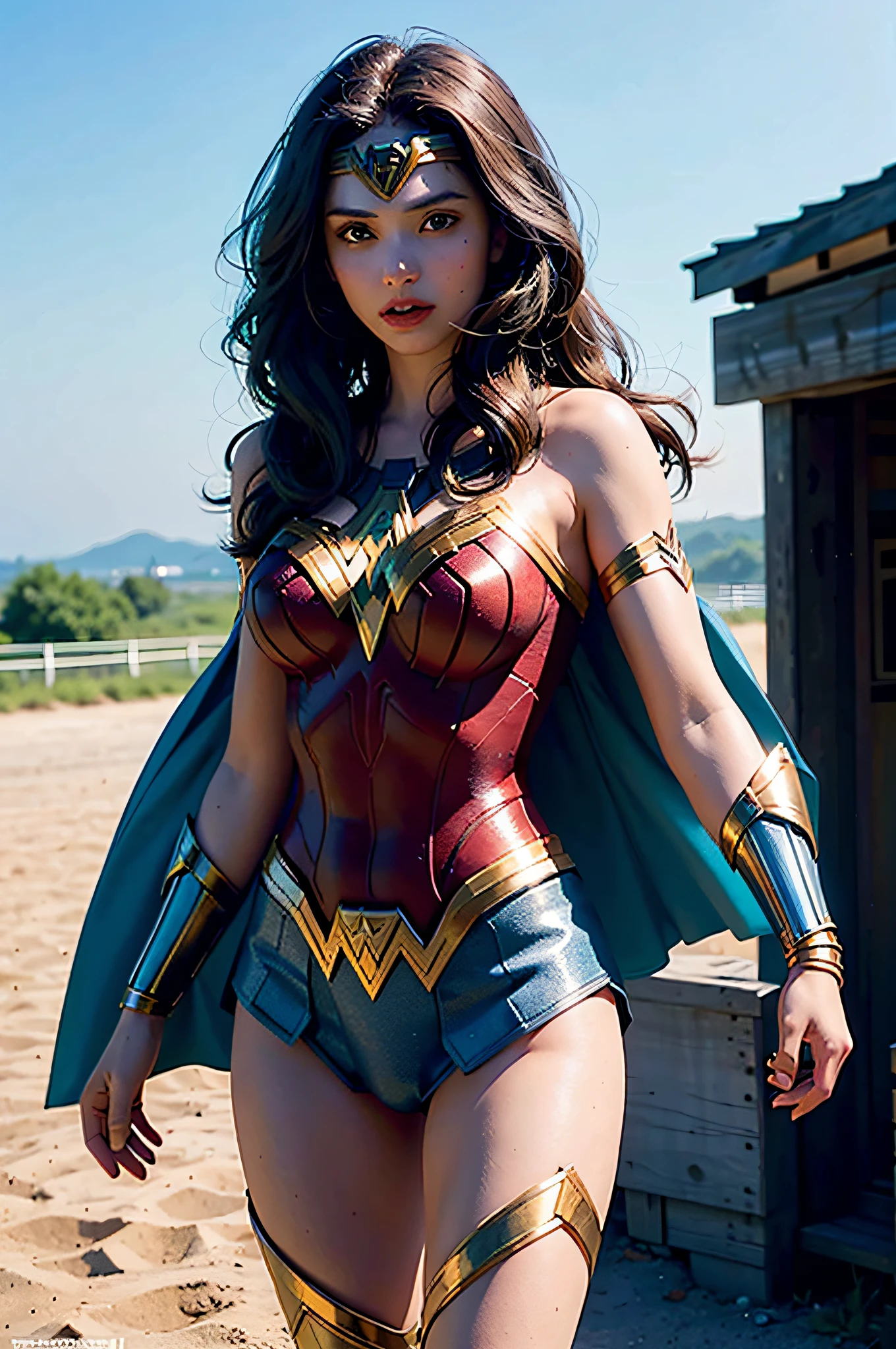 wearing wonder_woman_cosplay_outfit, in front of a sky, 
good hand,4k, high-res, masterpiece, best quality, head:1.3,((Hasselblad photography)), finely detailed skin, sharp focus, (cinematic lighting), night, soft lighting, dynamic angle, [:(detailed face:1.2):0.2], medium breasts, outside,