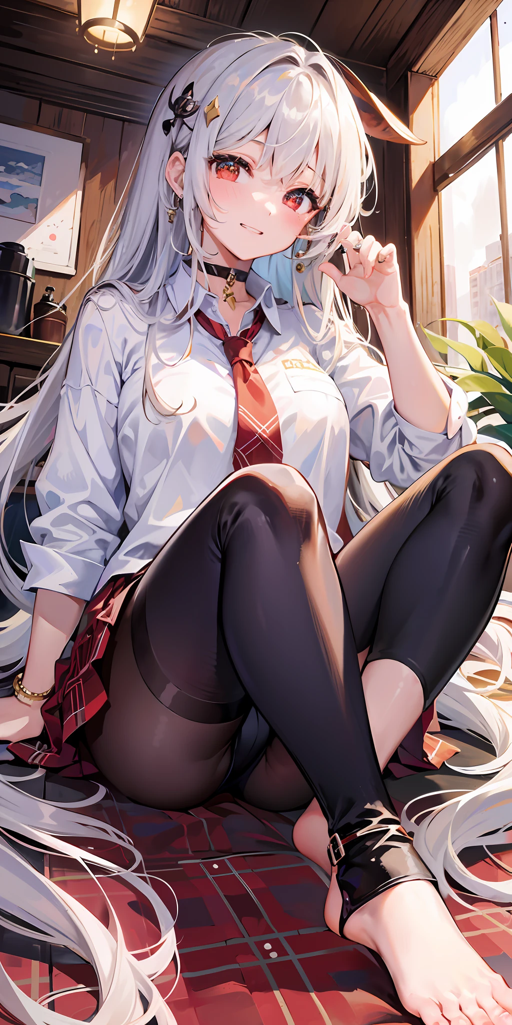 masterpiece, best quality, 1girl, long hair, bored, sitting, feet up, soles, forest 1girl, bangs, choker, necktie, ear piercing, masterpiece, best quality, 1girl, long hair, bored, sitting, feet up, soles, forest <feetPoseAnime_v11:0.6，eyebrows visible through hair, grin, gyaru, jewelry, kogal, long hair, looking at viewer, loose necktie, necktie, piercing, plaid, （比基尼），red eyes, ring, smile, solo, white shirt, 樱花树下，樱花盛开，nsfw，清澈见底湖水旁，金发，渐变头发，皎洁的月光，（美丽的夜晚）粉色乳晕，露出三角内裤，全身湿透，（两侧马尾辫），night（粉发），双马尾