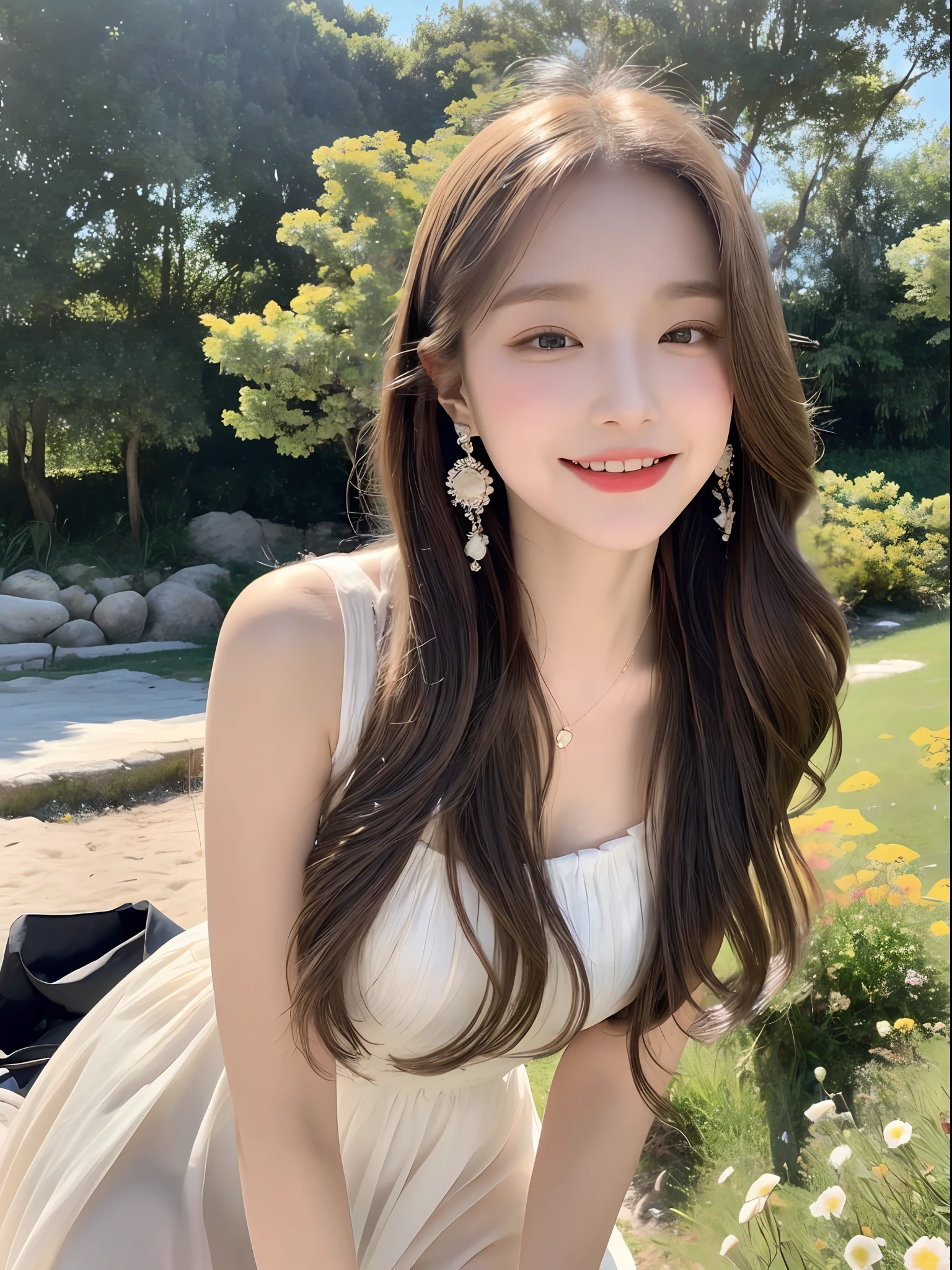 1 girl, hairpins, earrings, jewelry, brown hair, looking at the audience, lips, playful, sitting in front of the drawing board, painting, thighs, whole body, in a sea of flowers or on the beach, she is wearing a white long dress, slightly sideways face, hands caressing long hair, gentle eyes, smiling, as if admiring the beauty of nature, such a photo will definitely make people feel her beautiful and innocent atmosphere. The tone of the photo can be predominantly natural, biased towards bright and soft, making people feel warm and serene. It seems to be dancing in harmony with its surroundings. Her breath is full of vitality and vitality, as if her whole body is venting the energy of youth. The whole picture is made more vivid by her presence, making people feel endless joy and vitality.