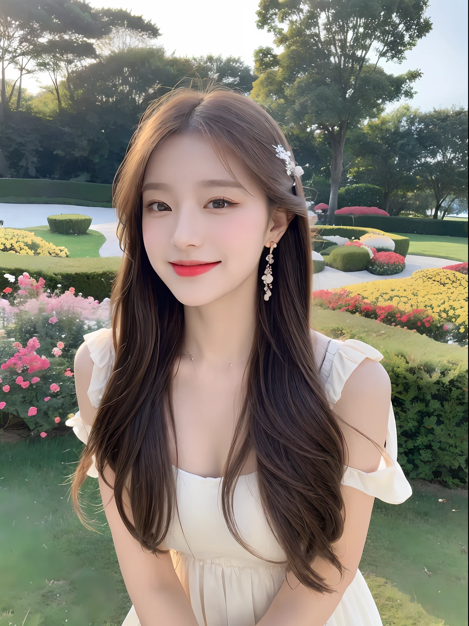1 girl, hairpins, earrings, jewelry, brown hair, looking at the audience, lips, playful, sitting in front of the drawing board, painting, thighs, whole body, in a sea of flowers or on the beach, she is wearing a white long dress, slightly sideways face, hands caressing long hair, gentle eyes, smiling, as if admiring the beauty of nature, such a photo will definitely make people feel her beautiful and innocent atmosphere. The tone of the photo can be predominantly natural, biased towards bright and soft, making people feel warm and serene. It seems to be dancing in harmony with its surroundings. Her breath is full of vitality and vitality, as if her whole body is venting the energy of youth. The whole picture is made more vivid by her presence, making people feel endless joy and vitality.