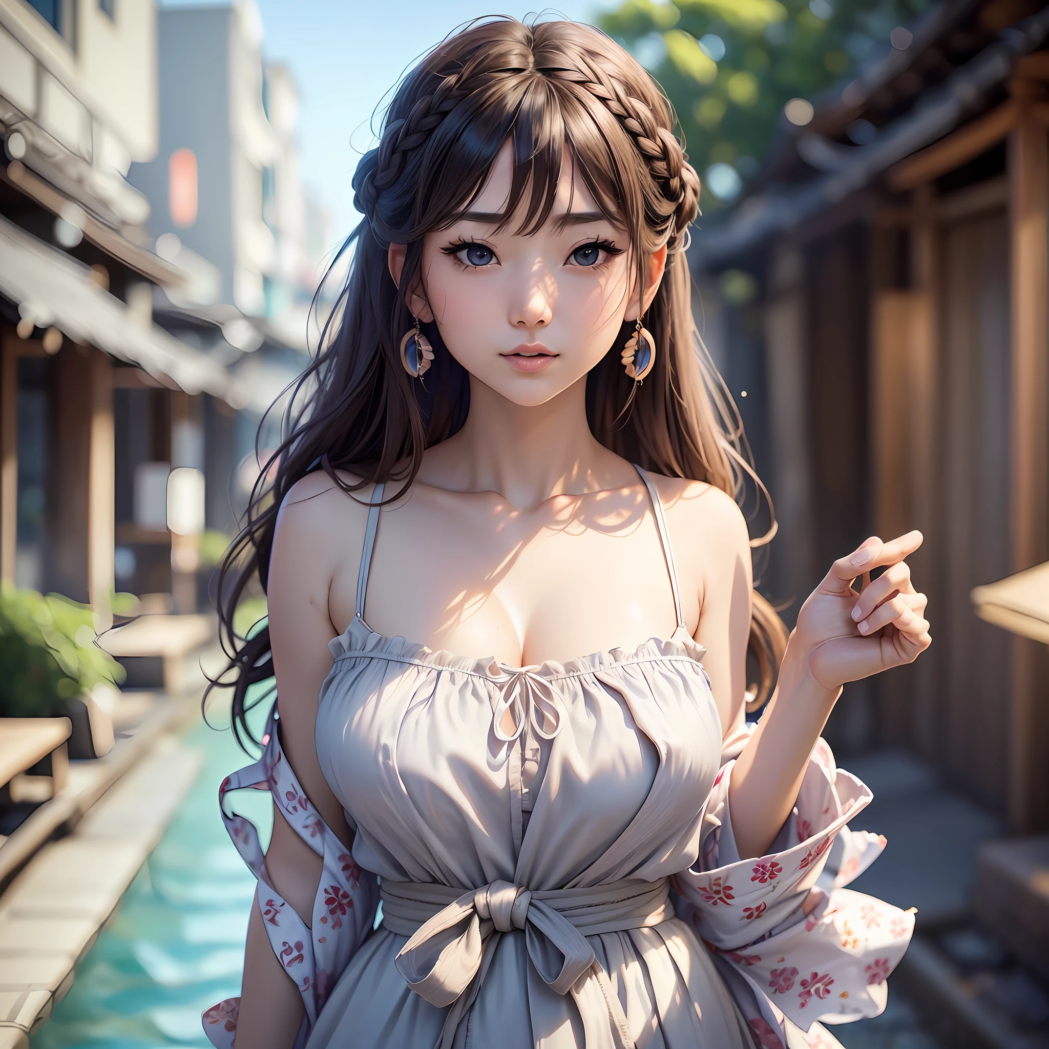 Arapei asian woman in Japan, Tokyo, seaside, coconut palm, sea breeze, skirt fluttering, bare_shoulders, collarbone, sleeveless, Grey_dress, brown_eyes, brown_hair, braids, 1 girl, 20 years old, mature female, beautiful fingers, beautiful long legs, beautiful body, beautiful nose, beautiful character design, perfect eyes, perfect face, look up, NSFW, official art, Extremely detailed CG unity 8k wallpaper, perfect lighting, colorful, Bright_Front_face_Lighting, (masterpiece:1.0), (best_quality:1.0), ultra high resolution, 4K, super detail, photography, 8K, HDR, high resolution, absurdity:1.2, kodak portera 400, film grain, background blur, bokeh:1.2, lens glare, (vibrant_ color:1.2) (beautiful,large_Breasts:1.4), (beautiful_face:1.5),(narrow_waist), --auto --s2