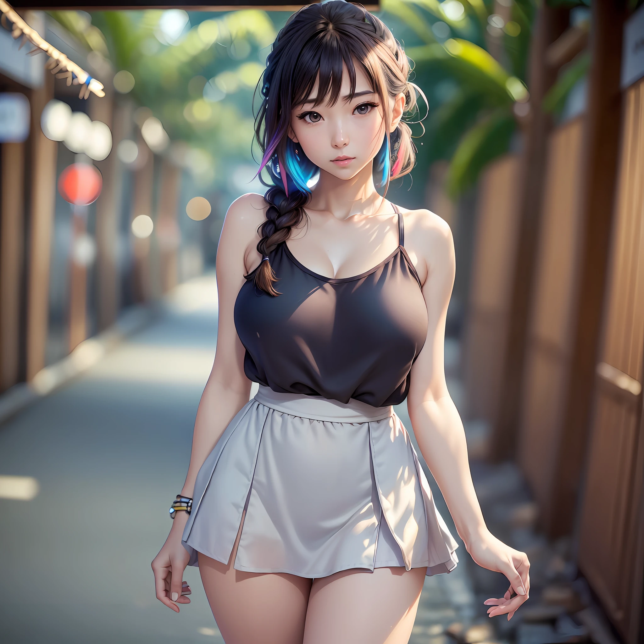 Arapei asian woman in Japan, Tokyo, seaside, coconut palm, sea breeze, skirt fluttering, bare_shoulders, collarbone, sleeveless, Grey_dress, brown_eyes, brown_hair, braids, 1 girl, 20 years old, mature female, beautiful fingers, beautiful long legs, beautiful body, beautiful nose, beautiful character design, perfect eyes, perfect face, look up, NSFW, official art, Extremely detailed CG unity 8k wallpaper, perfect lighting, colorful, Bright_Front_face_Lighting, (masterpiece:1.0), (best_quality:1.0), ultra high resolution, 4K, super detail, photography, 8K, HDR, high resolution, absurdity:1.2, kodak portera 400, film grain, background blur, bokeh:1.2, lens glare, (vibrant_ color:1.2) (beautiful,large_Breasts:1.4), (beautiful_face:1.5),(narrow_waist), --auto --s2