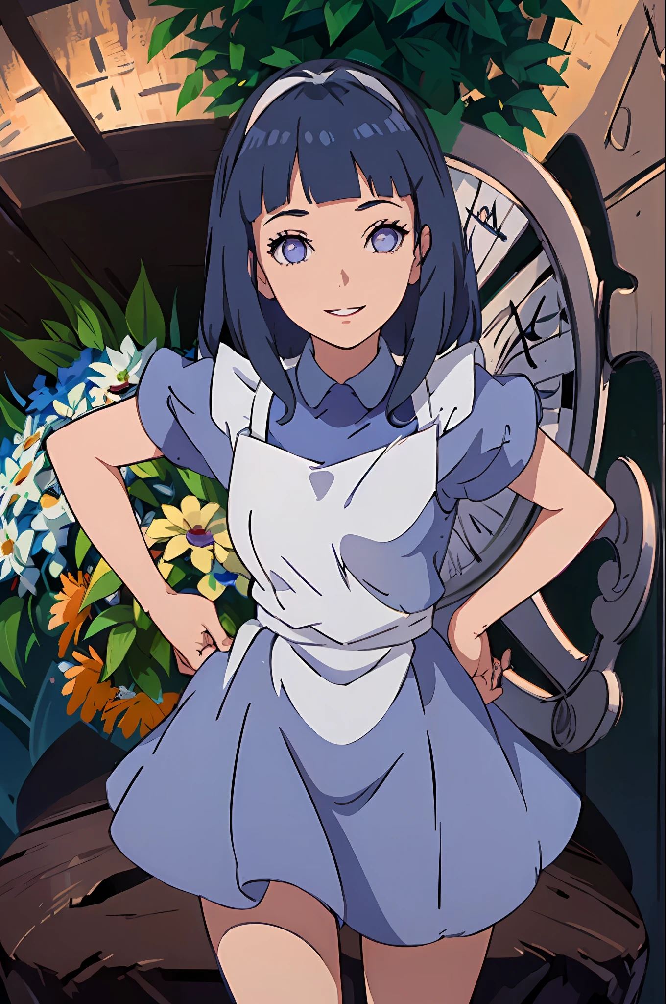 (masterpiece:1.4), (best quality:1.4), (high resolution:1.4), alice liddell, blue dress, white apron, black hairband, smile, looking at viewer, blunt bangs, (dark blue hair:1.3), (purple eyes:1.3), long hair, wavy hair, rabbit, alice in wonderland, hinata/(boruto/)