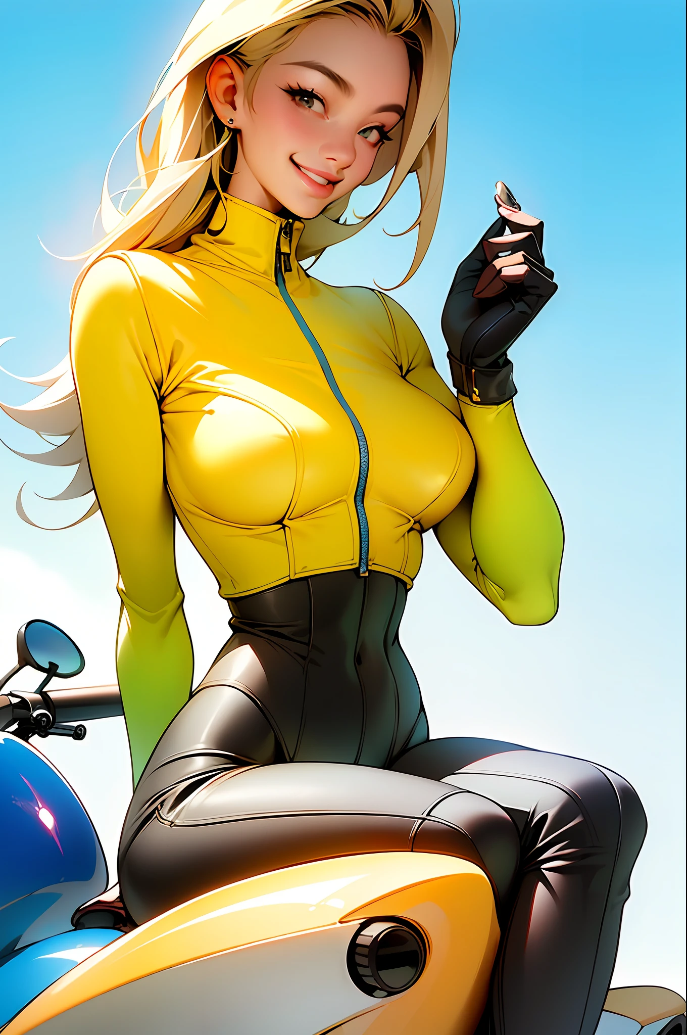 masterpiece, (masterpiece, top quality, best quality),1girl, solo, bodysuit, breasts, long hair, white background, smile, simple background, medium breasts, helmet, looking at viewer, skin tight, sitting, lips, blue bodysuit, motorcycle, black gloves, gloves