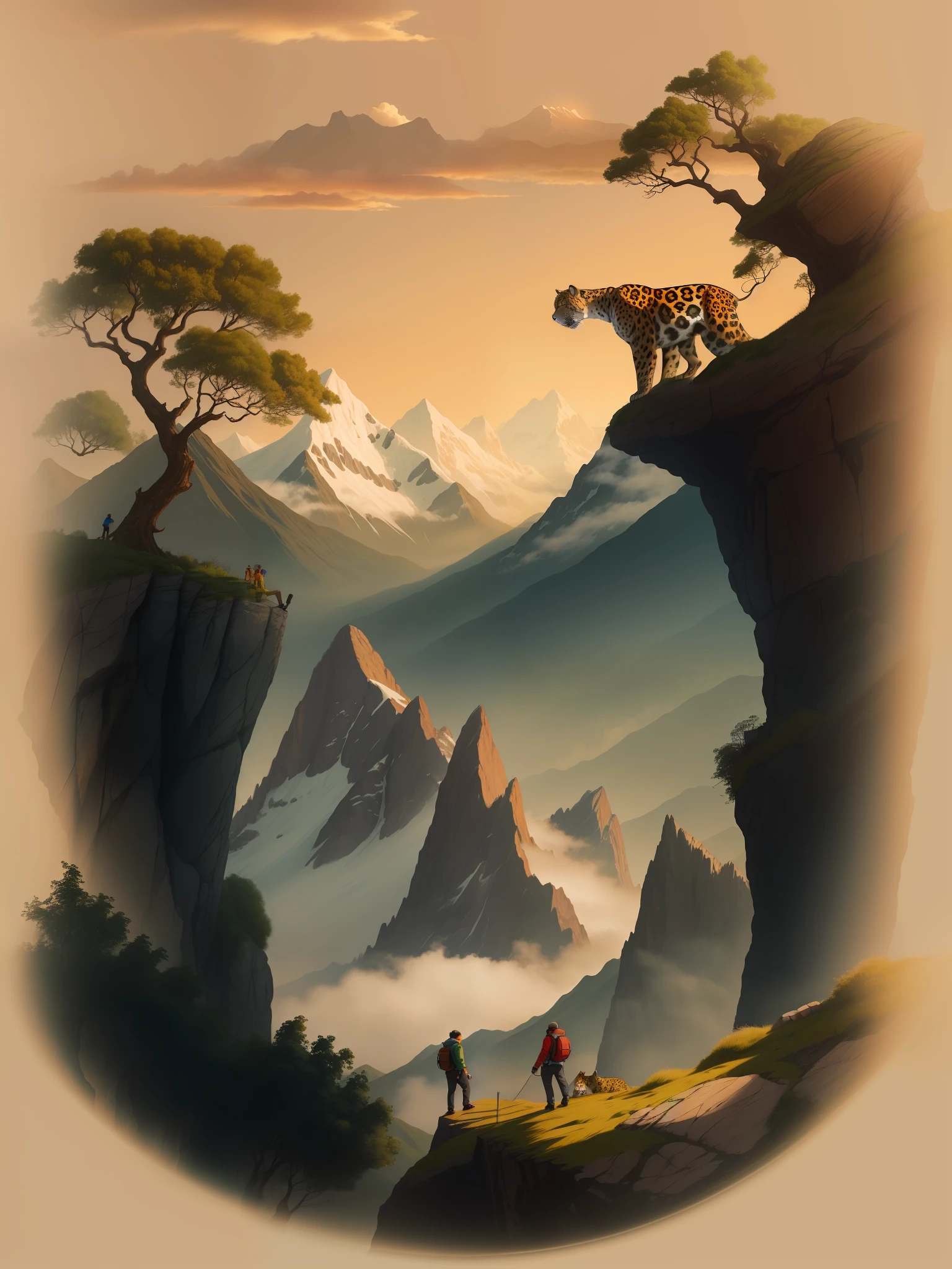 2 climbers, 1 jaguar and mountains in the background of the image