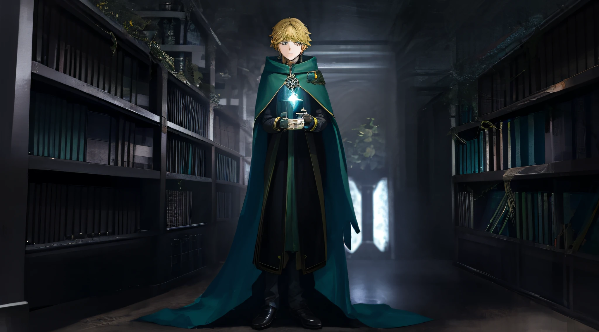 A young wizard, , blond-haired, green-eyed, shy, wearing a hooded cape, holding a luminous crystal ball, masculine features, tapered face, Caucasian European style, he is alone in a realistic library