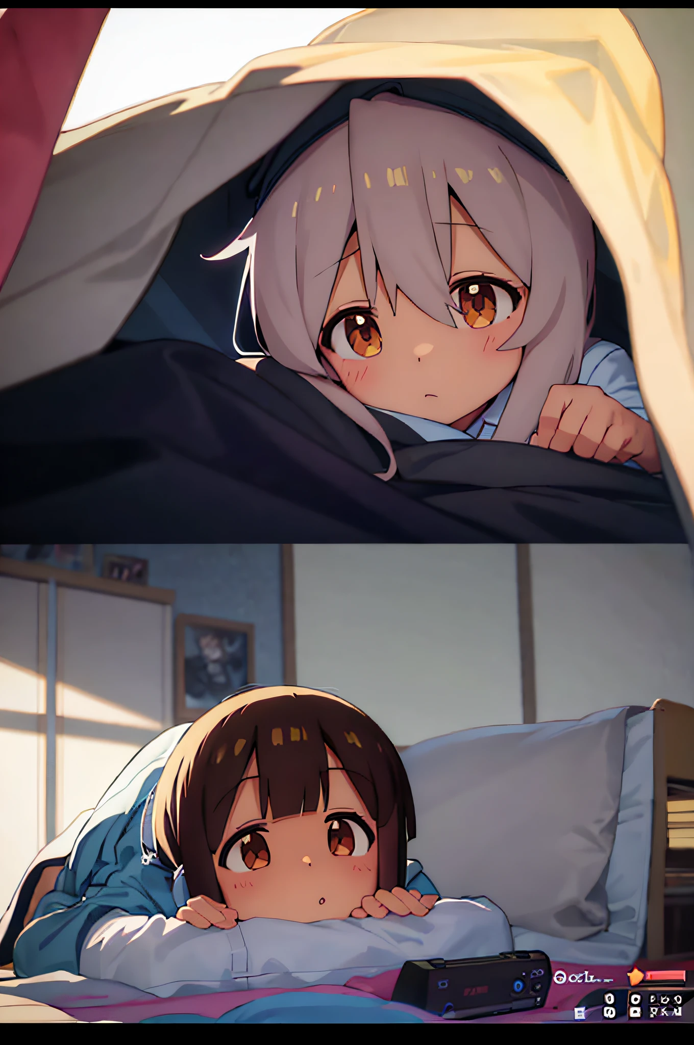 oyamamahiro, hozukimomiji, masterpiece, best quality, 2 gilr, , messy room, playing video games, transparent one-piece pajamas, small blouse, exposed abdomen, , medium chest, video game console, anime figures, anime poster on the wall, messy bed, lying on the bed, lying on the bed, video game console, blushing, transparent pajamas, playing together, hozukimomiji hugging oyamamahiro, watching horror movie,