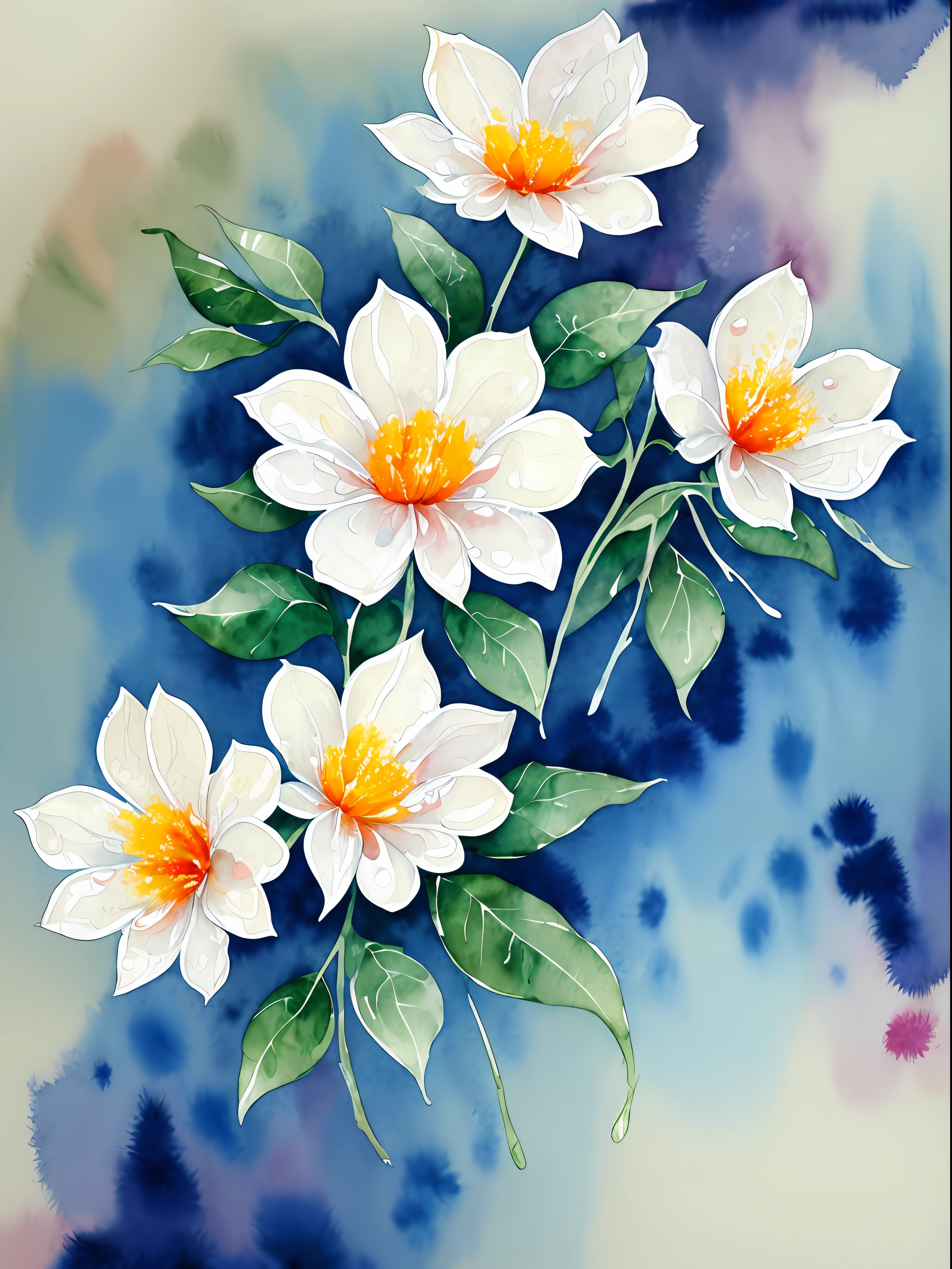 watercolor, flower, beautiful, watercolor style, flower and leaf patterns, wet on wet technique, muted, indigo, fabric design, flat illustration, highly detailed clean, vector image, masterpiece, professional, isometric, bright vector, white background, dry brush, brush strokes, painted on canvas, by J.M.W. Turner. expressive marks.