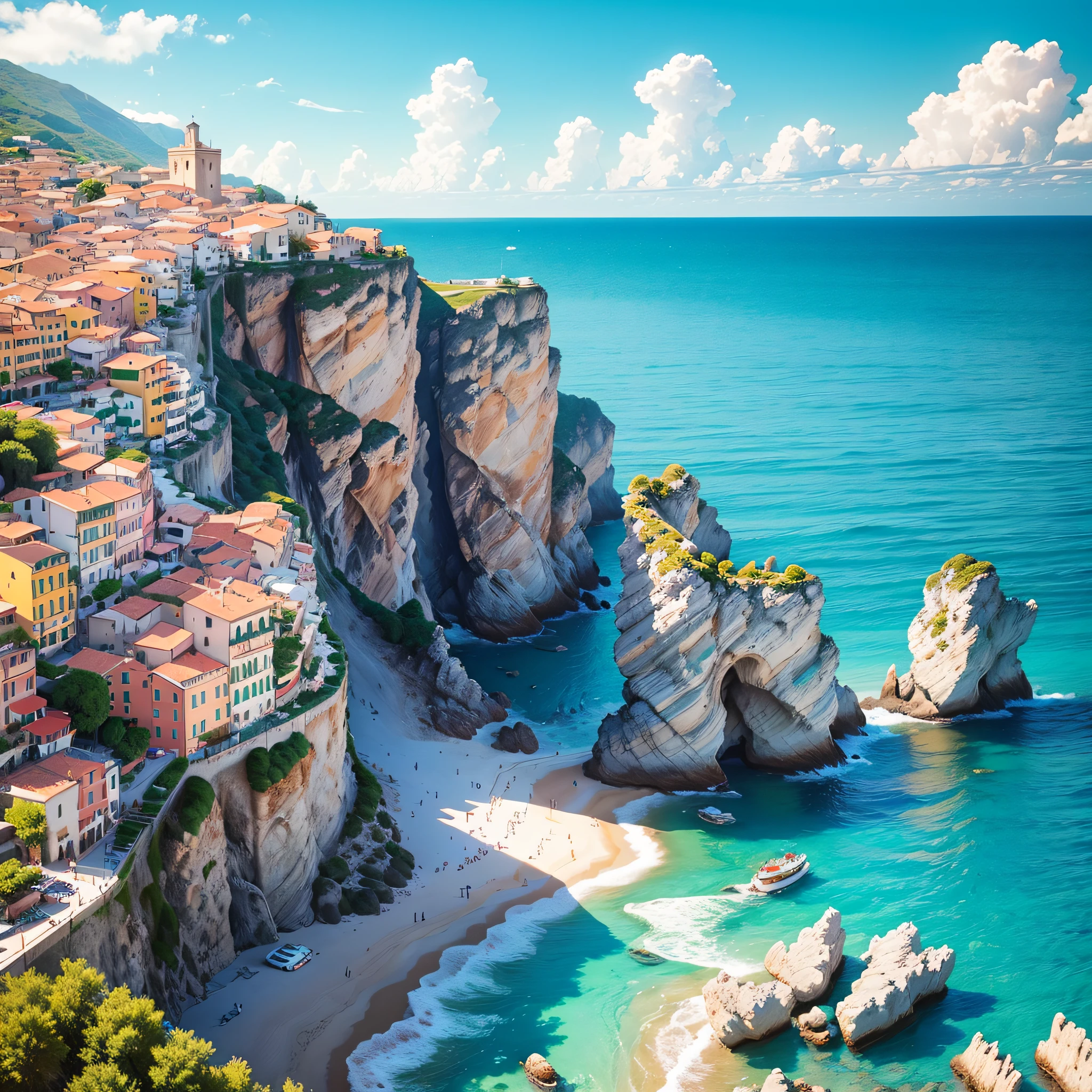 (Perfect picture + best image quality + clear details), Italian town photography style, turquoise sea, crystal clear water, waves crashing at the foot of majestic cliffs, lively town, plenty of noon sun, very beautiful, giving people a warm feeling --auto --s2